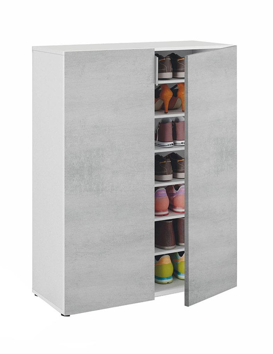 Meuble à Chaussures avec 6 étagéres coloris blanc mat / ciment - Hauteur 103 x Longueur 72 x Profondeur 36 cm - 2