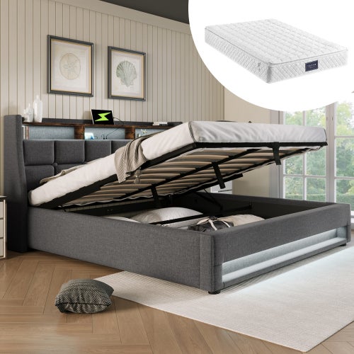 Lit rembourré avec fonction de charge USB, lit double 160x200cm, avec éclairage LED et 4 tiroirs, rangement de lit, sommier à lattes en bois, aspect lin, gris