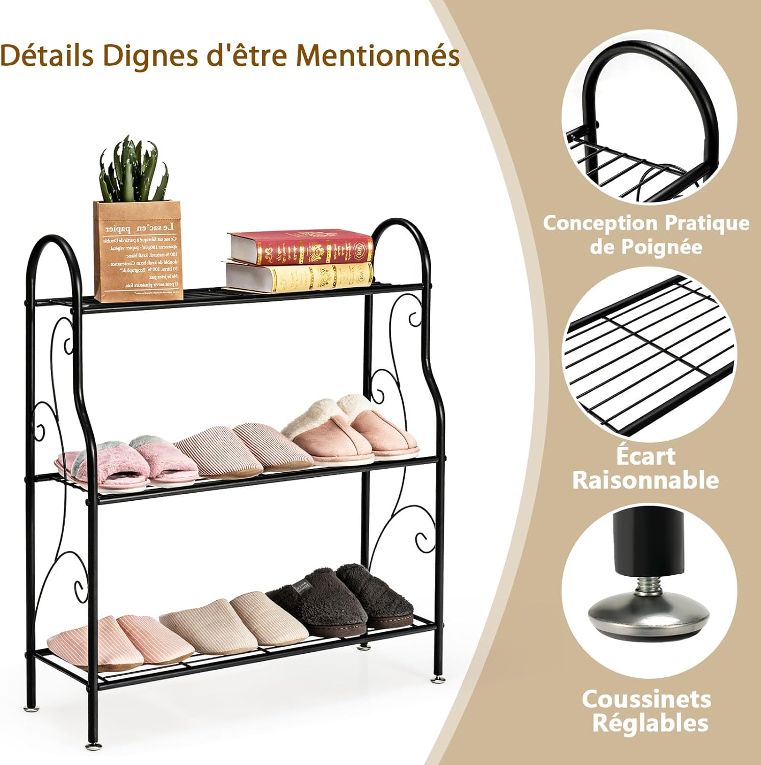 3 Niveaux Support pour Plantes en Métal, Étagère en Fer Imperméable pour Utilisation Intérieure et Extérieure, Noir - 7