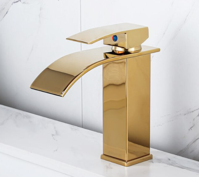 Złoty lakierowany kran wodospadowy do zlewu blatowego, do wody ciepłej i zimnej, do szafki łazienkowej, kran jednootworowy, kran do umywalki typu wodo