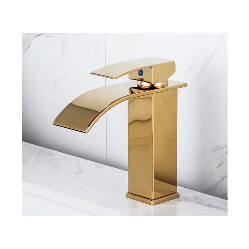 Złoty lakierowany kran wodospadowy do zlewu blatowego, do wody ciepłej i zimnej, do szafki łazienkowej, kran jednootworowy, kran do umywalki typu wodo