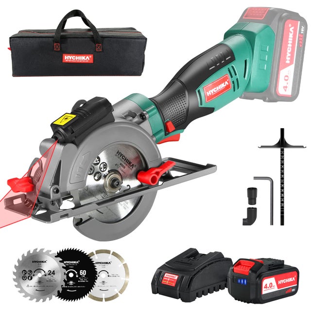 HYCHIKA Sega Circolare 18V, Mini Sega Circolare a Batteria 3500RPM con Guida Laser e Borsa di Stoccaggio, Profondito di Taglio Massima 48mm e 32mm, 3