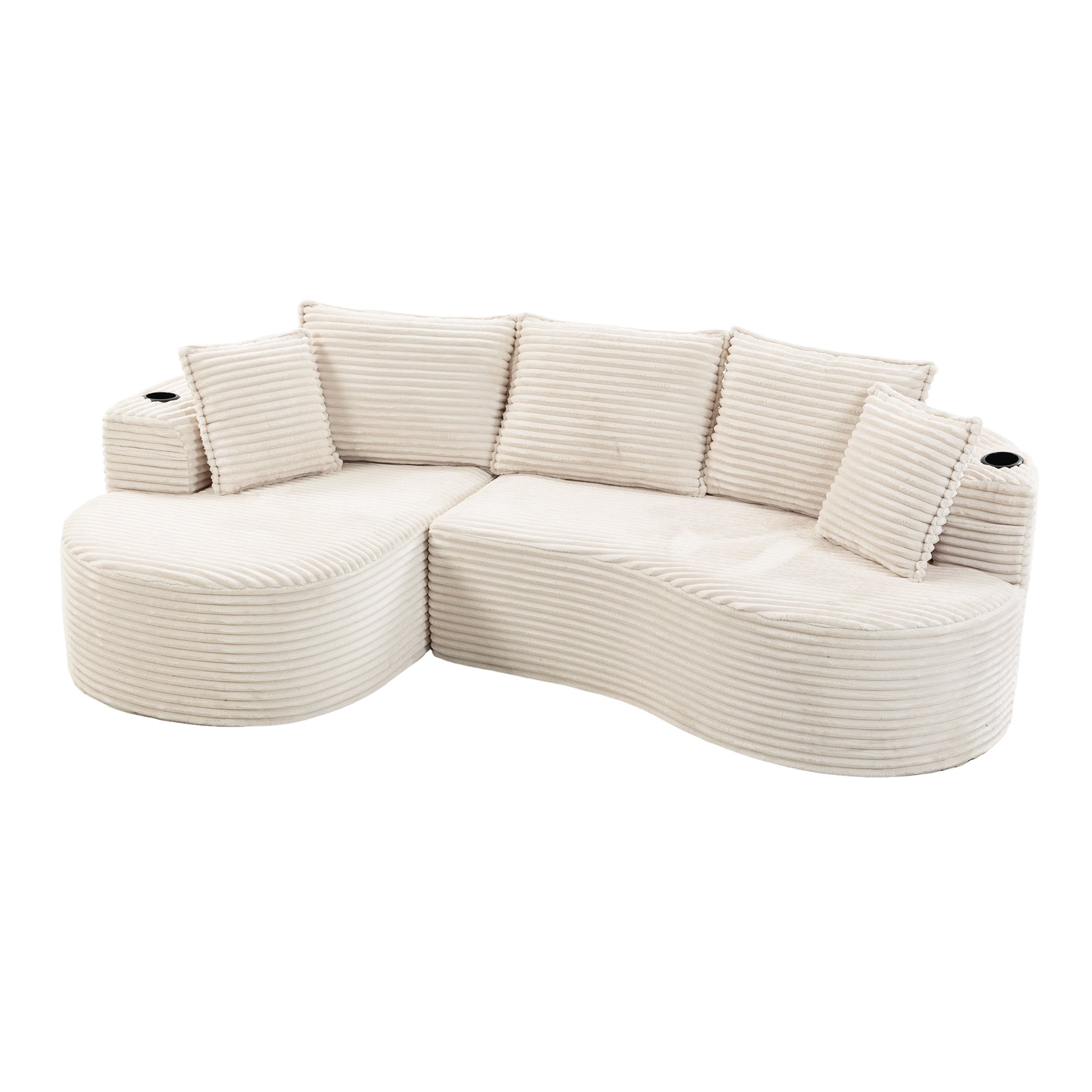 Canapé incurvé en velours côtelé souple 250 x 152 x 82 cm Canapé 3-4 Places avec porte-gobelet, poche de rangement et Coussins Beige - 7