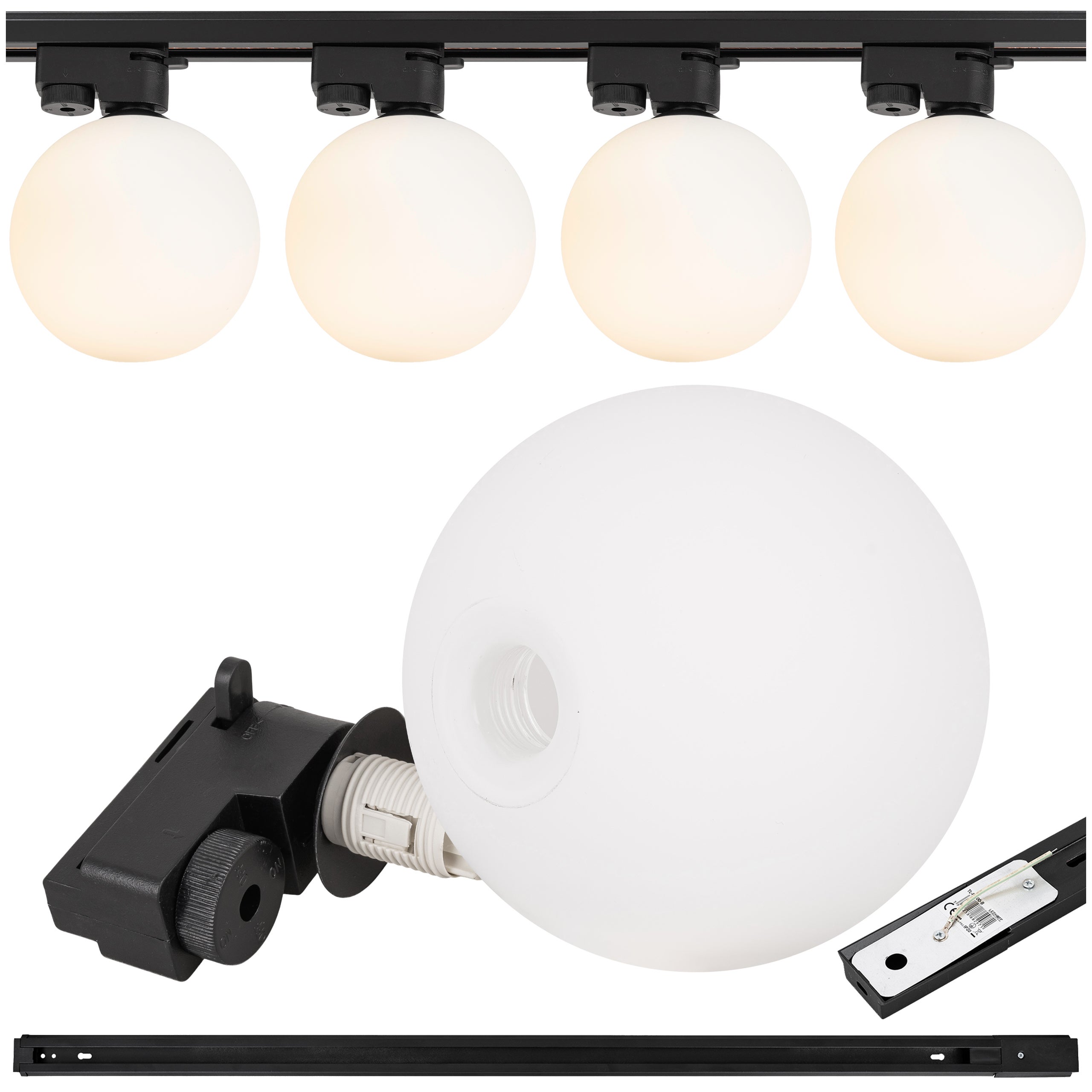 Lampa szynowa wisząca 4x BIAŁA KULA klosz mleczny G9 + szynoprzewód 1m Oprawa szklana OKRĄGŁA biel OZDOBNA - LEDHOFF