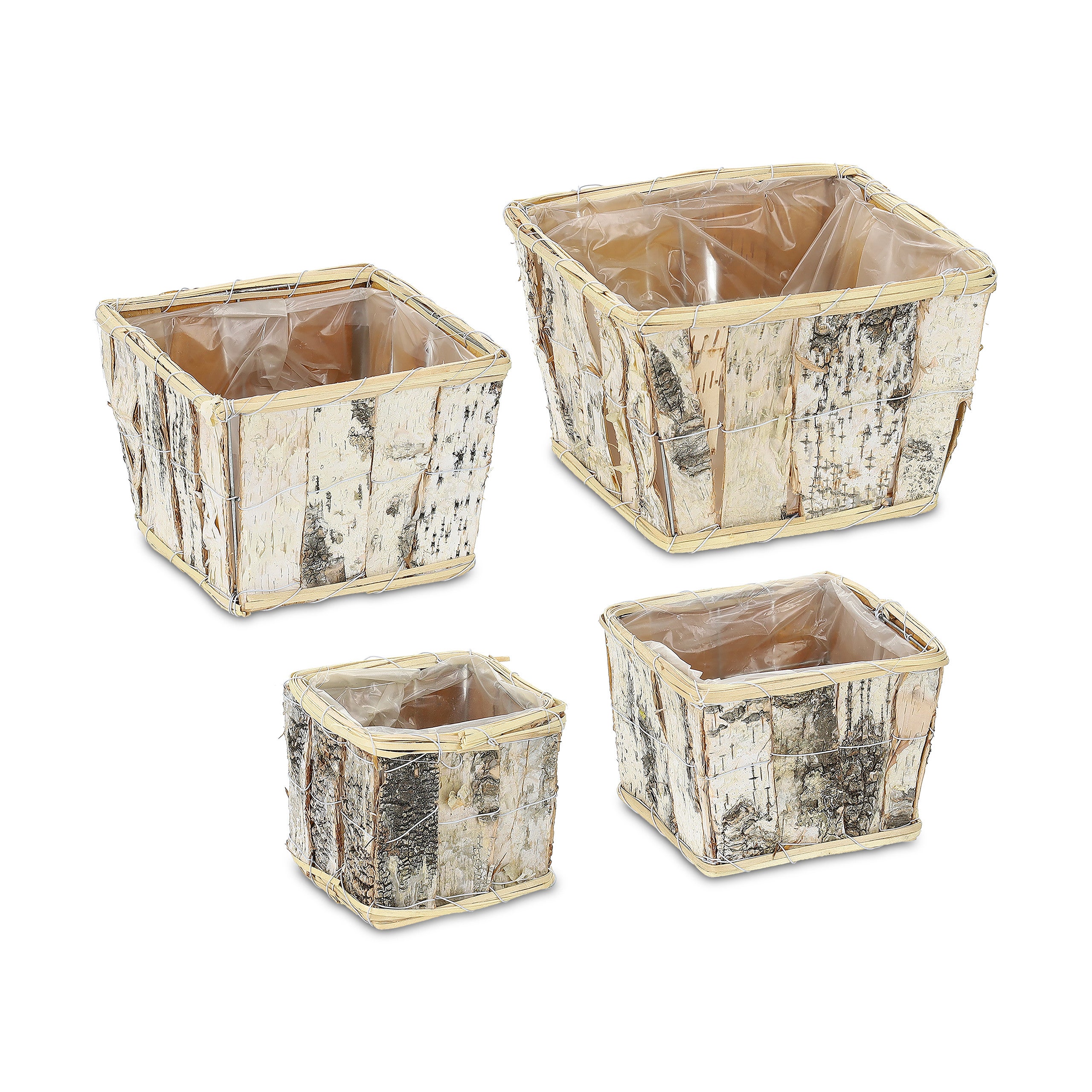 Vasi per Fiori, 4 Diverse Misure, Fioriere Quadrate con Corteccia di Betulla e Rivestimento, Bianco Naturale, Relaxdays - 8