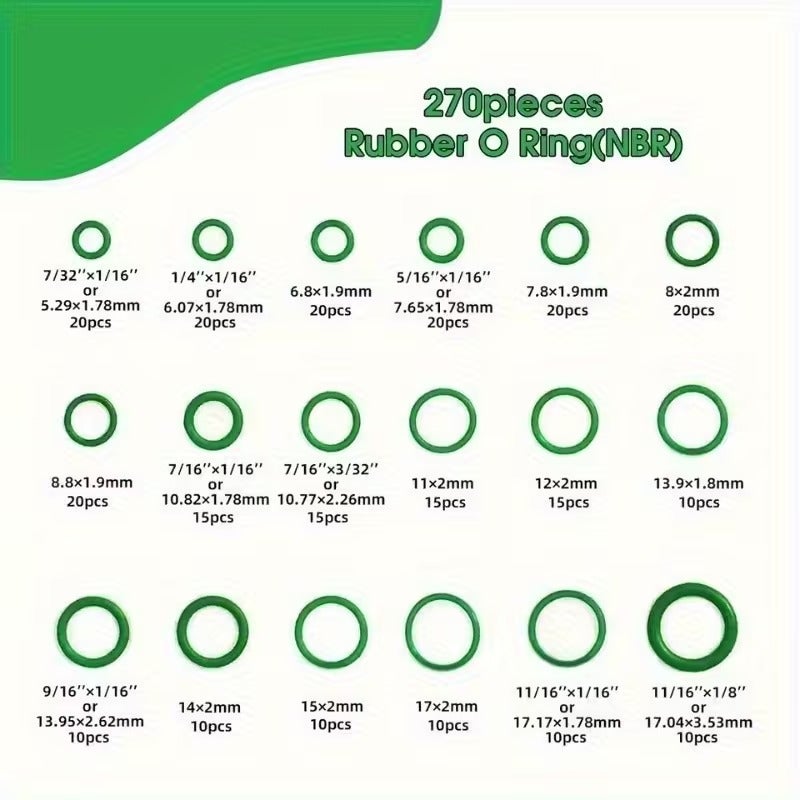 Kit 270 Joints Toriques Caoutchouc Haute Température – Réparation Clim Auto, Clim, Robinet – 18 Tailles Différentes