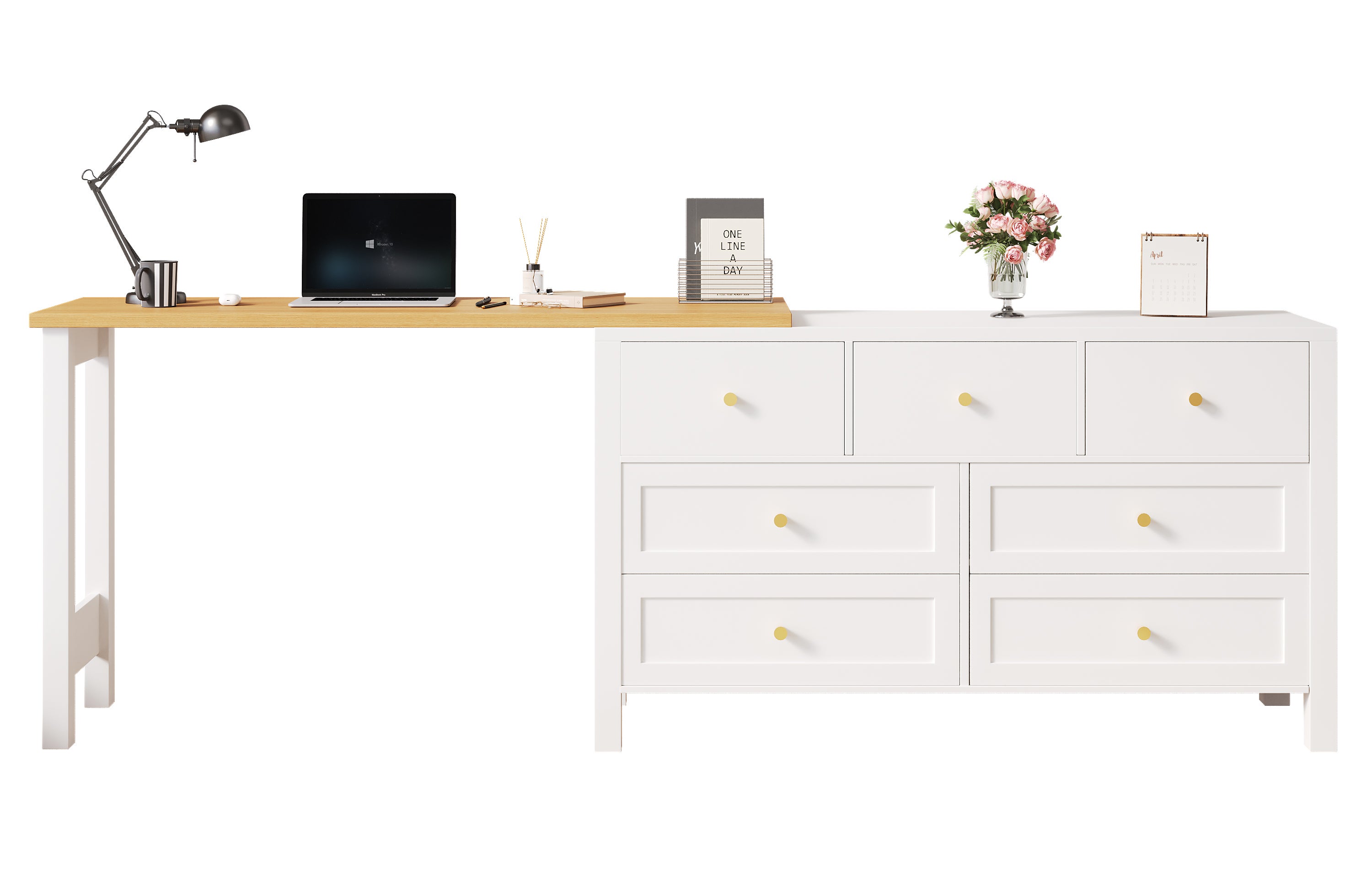 Bureau d'angle avec 7 tiroirs et plateau pivotant, coiffeuse - 120 x 40 x 70 cm - Panneau de particules - Blanc et chêne - 6