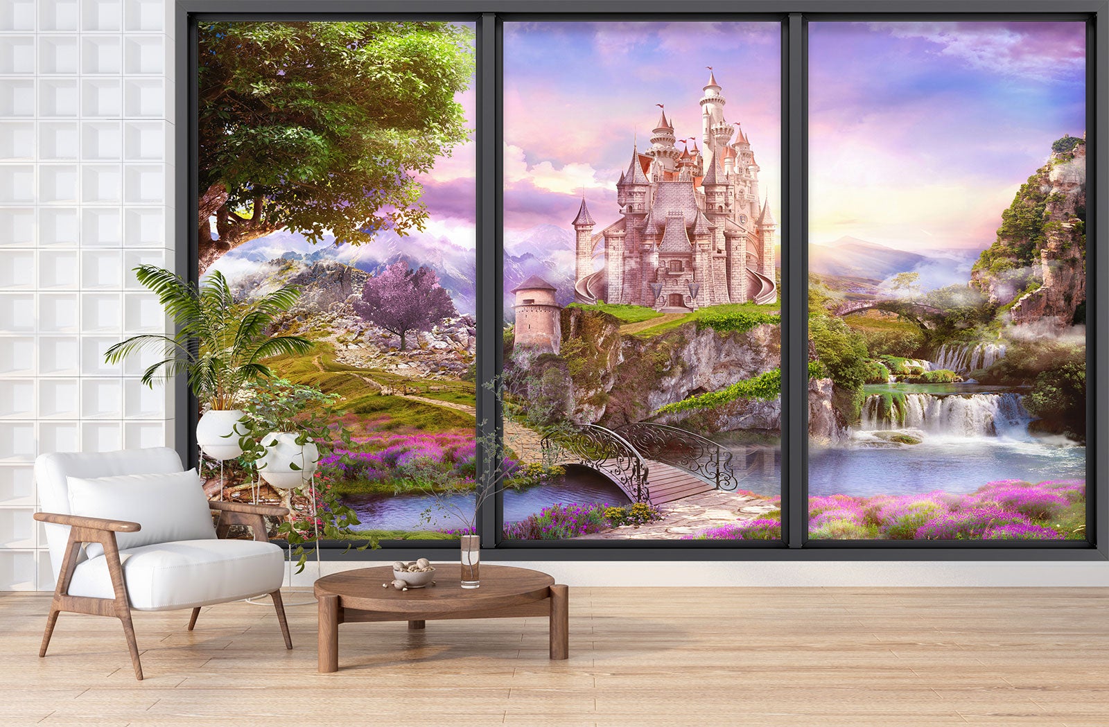 Papier peint panoramique intissé décoratif Trompe l'oeil baie vitrée Enfants - Château - L260 cm x H156 cm - 3