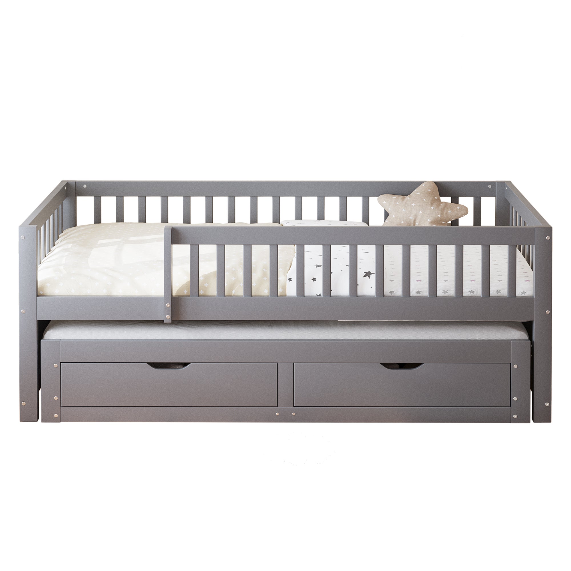 Canapé-lit 90x200 - avec 2 tiroirs - avec étagères - avec sommier à lattes - gris (matelas non inclus) | Leroy Merlin