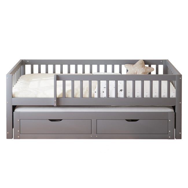Canapé-lit 90x200 - avec 2 tiroirs - avec étagères - avec sommier à lattes - gris (matelas non inclus) | Leroy Merlin Canapé-lit 90x200 - avec 2 tiroirs - avec étagères - avec sommier à lattes - gris (matelas non inclus) | Leroy Merlin