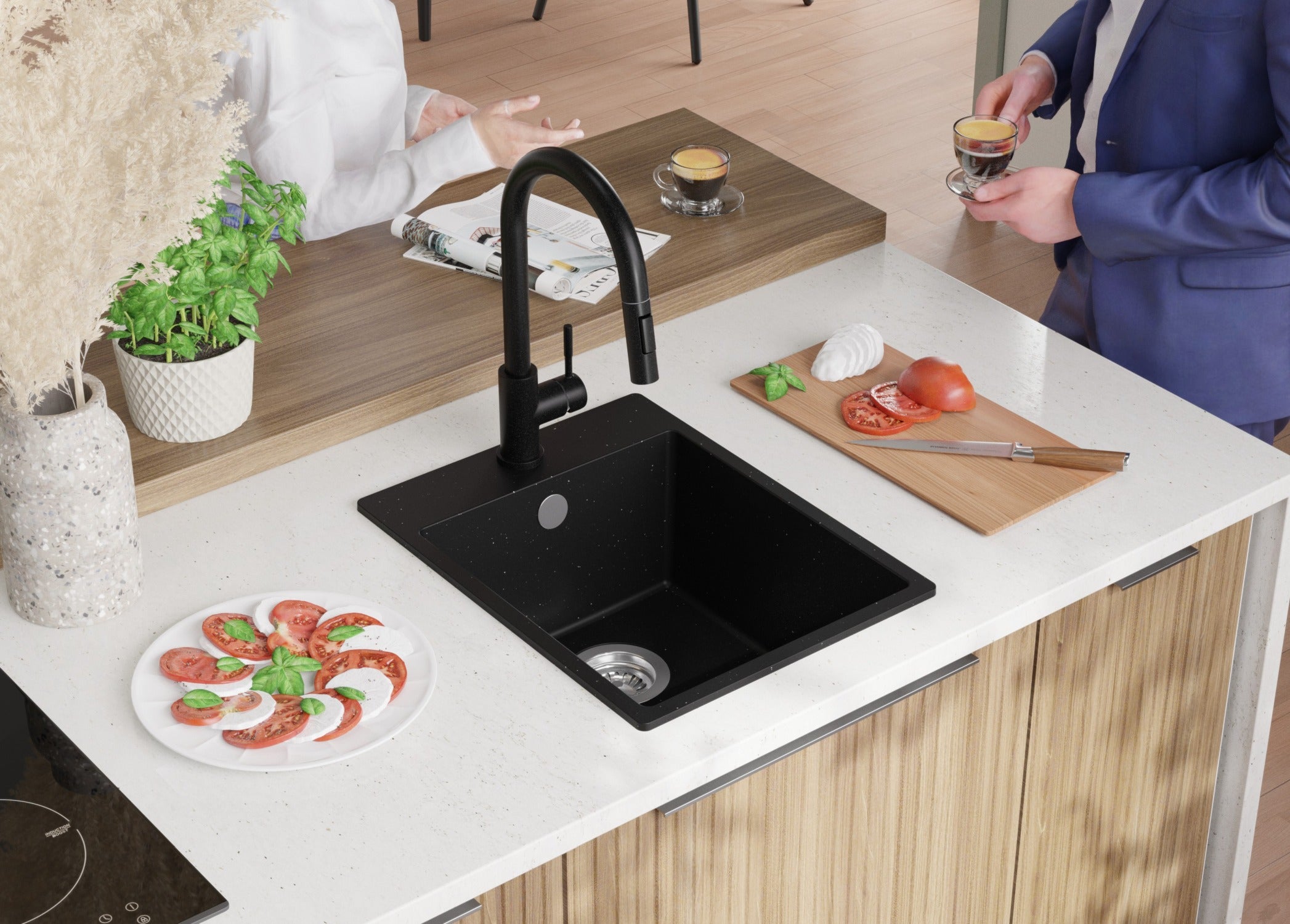 Evier Cuisine en Granit Noir Métallisé 38x50cm, Lavabo 1 bac + Kit de Vidage, Évier à Encastrer au meuble 40cm - Riga PRIMAGRAN - 8