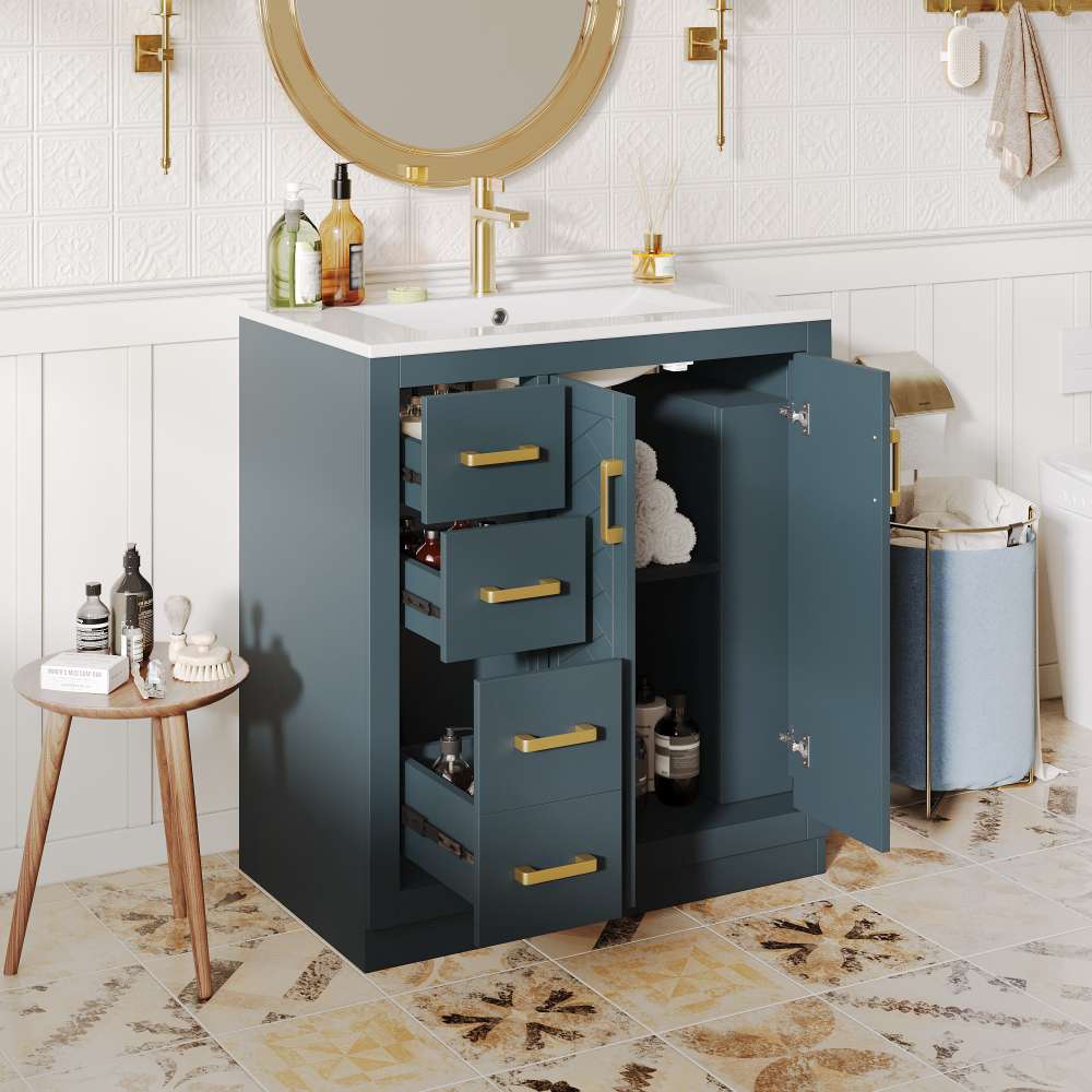 Meuble sous-vasque moderne avec lavabo en céramique, 2 tiroirs, rangement spacieux 76,5×46,5×84 cm - 4