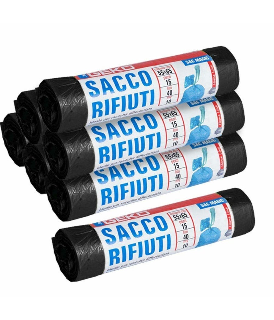Trade Shop - 7 X Rotoli Sacchetti Buste Spazzatura 40lt 55x65cm Chiusura Laccetto Nero 105pz - - 4