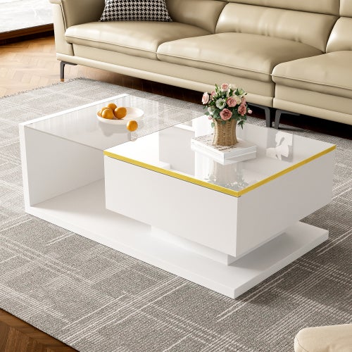 Table Basse Blanche Brillante Avec LED Et 2 Tiroirs Verre - Design Moderne 90x45 Cm