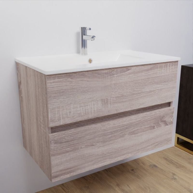 Meuble salle de bain suspendu 80 cm ROSALY | coloris : Bois | plan vasque : Céramique - 3