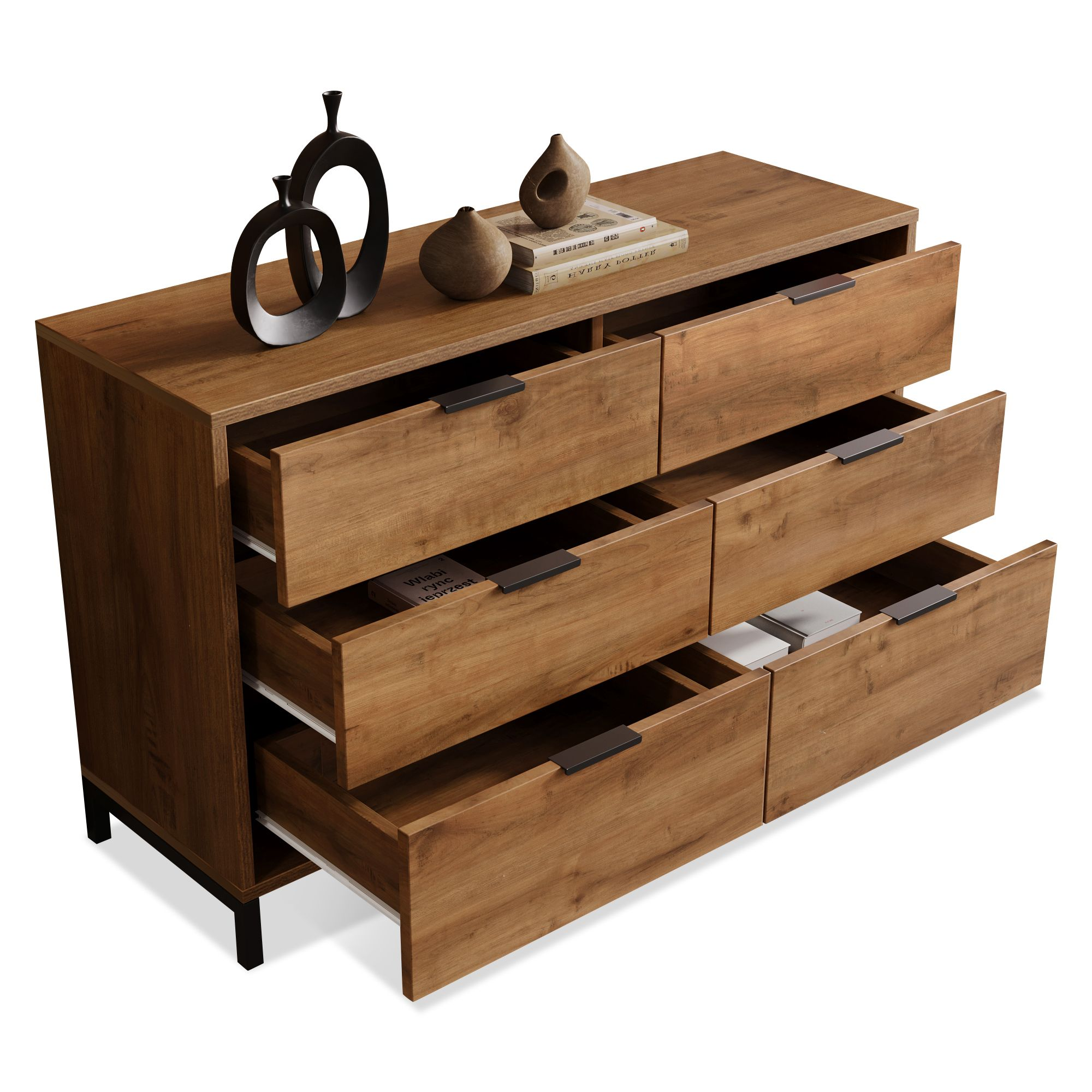 Commode à 6 tiroirs pour chambres et salons - 120 x 40 x 76 cm - chêne foncé - 3