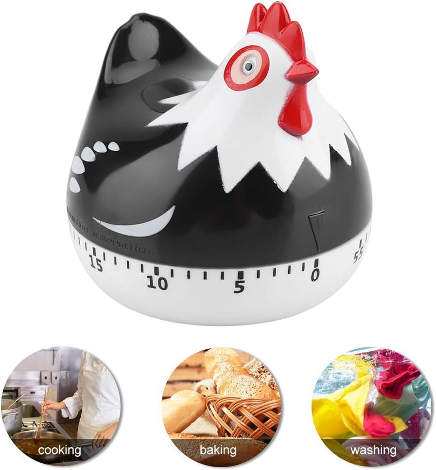 Timer da cucina a forma di pollo in stile cartone animato nero - Time Manager - Promemoria timer da cucina meccanico - 4