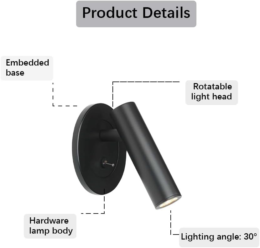 Lampe de lecture encastrée avec interrupteur, spot mural LED 3W, 3000K |Noir, Éclairage d'accentuation for tableau, tête de lit, éclairage mural for c - 5