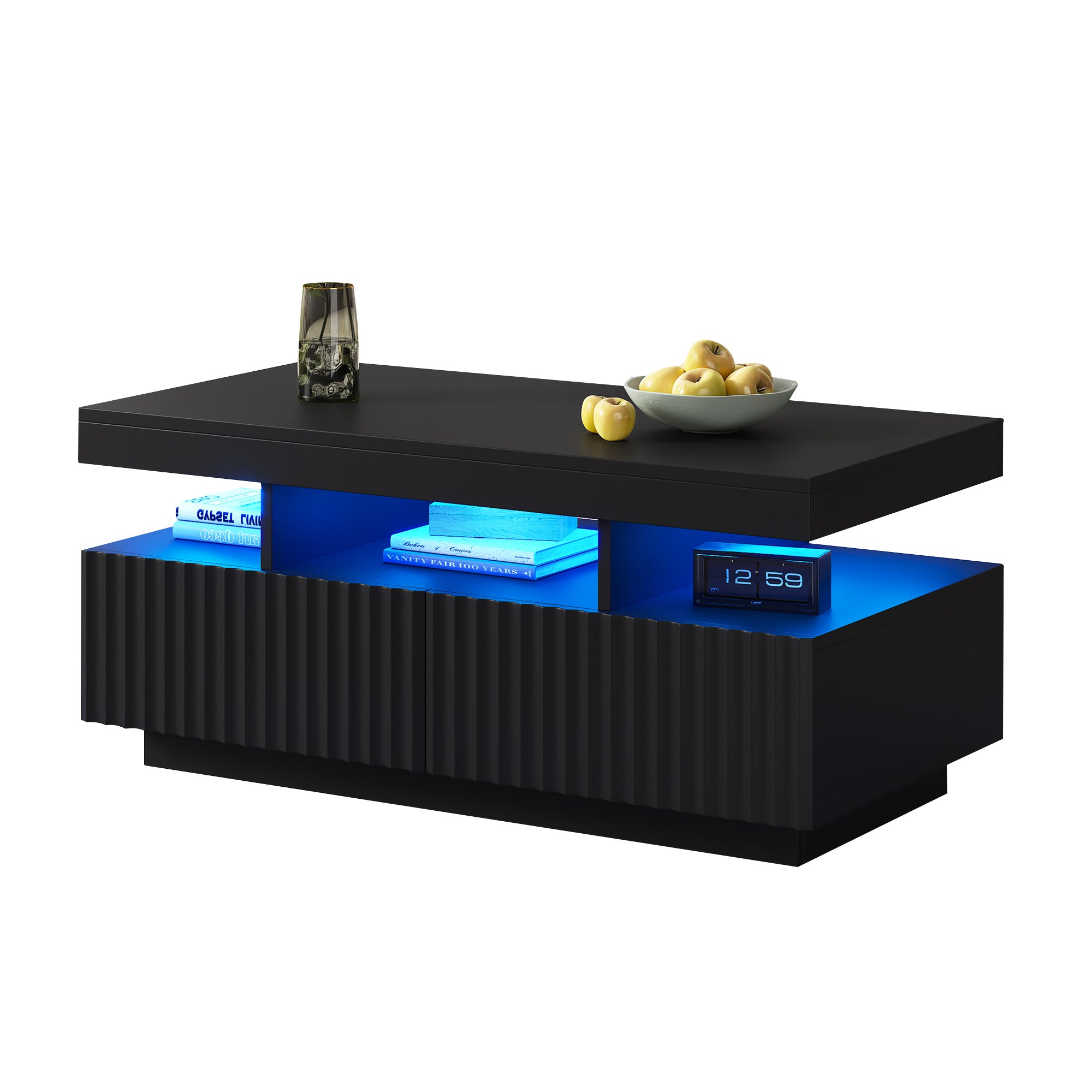 Stolik kawowy z 2 szufladami i 3 otwartymi przegródkami - 100 x 50 x 45 cm - Diody LED - Płyta wiórowa - Czarny - 9
