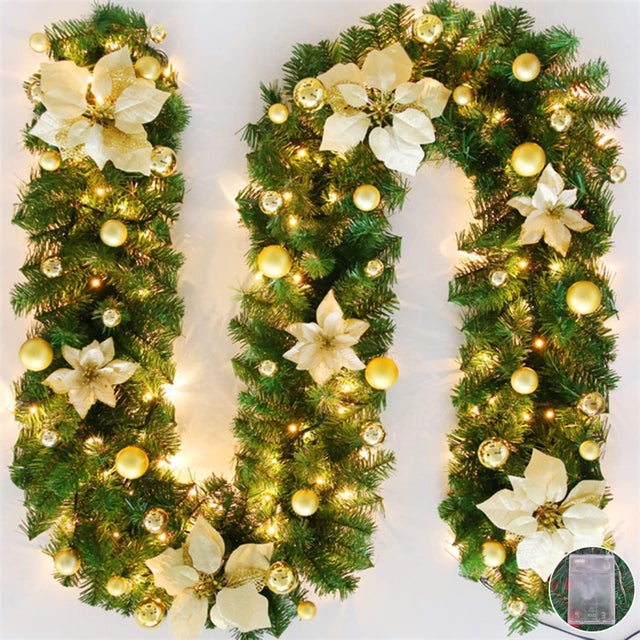 (doré)Guirlande de Noël avec lumières LED, 2.7 m Couronne de Noël Artificielle en rotin à Suspendre pour Porte d'entrée, cheminée, escaliers, décorati
