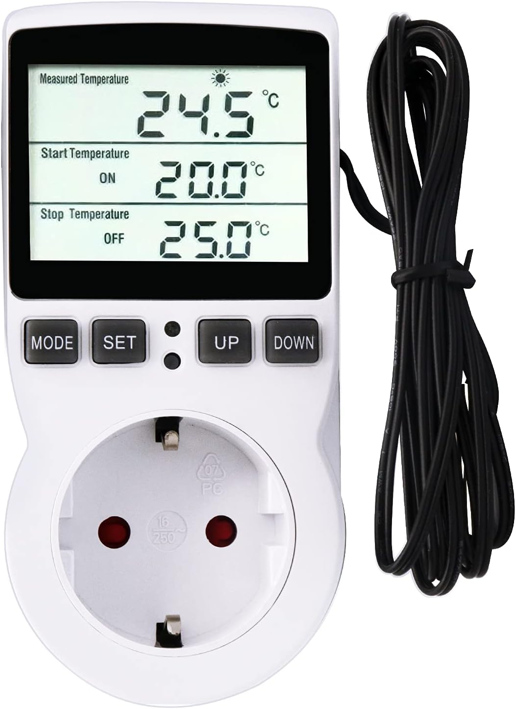 Termostat cyfrowy, regulator temperatury, ogrzewanie i chłodzenie, z timerem i sondą, dla gadów, inkubatorów (UE)