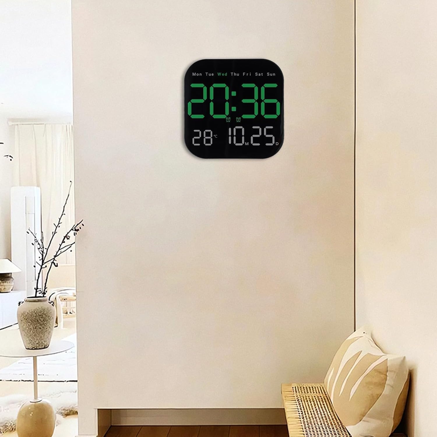 Reloj de pared digital LED grande con control remoto, temperatura, fecha y día de la semana (verde) - 3