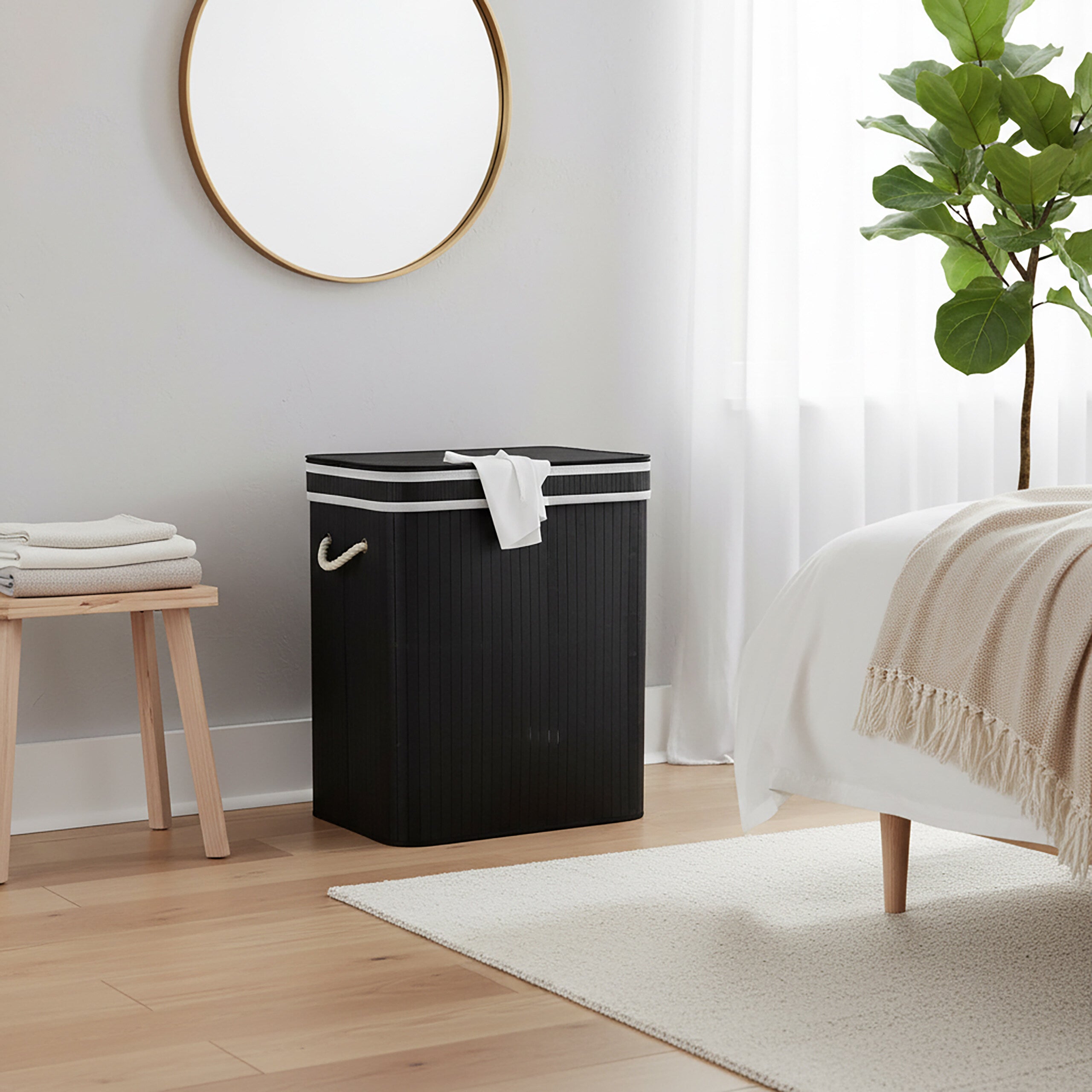 Cesto porta biancheria in bambù, 2 scomparti, coperchio, 100 l, pieghevole, 60x52x32 cm, smistamento, nero, relaxdays | Leroy Merlin