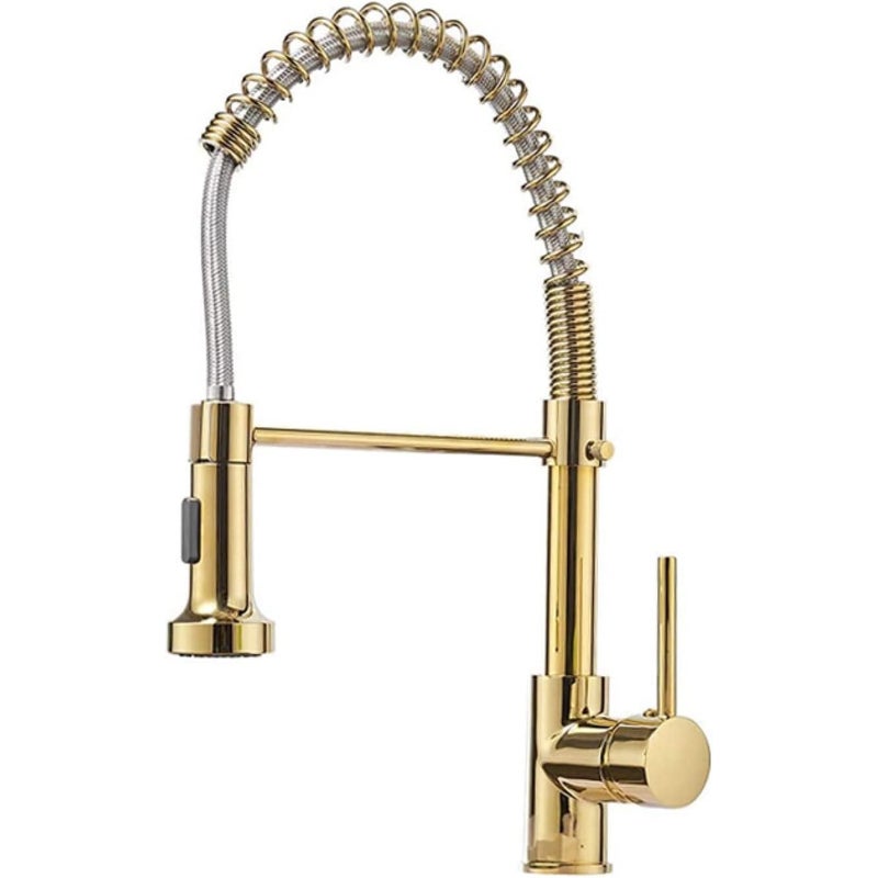 Bateria kuchenna z wyciąganą wylewką prysznicową, 2 tryby natrysku, pojedynczy uchwyt, złoty