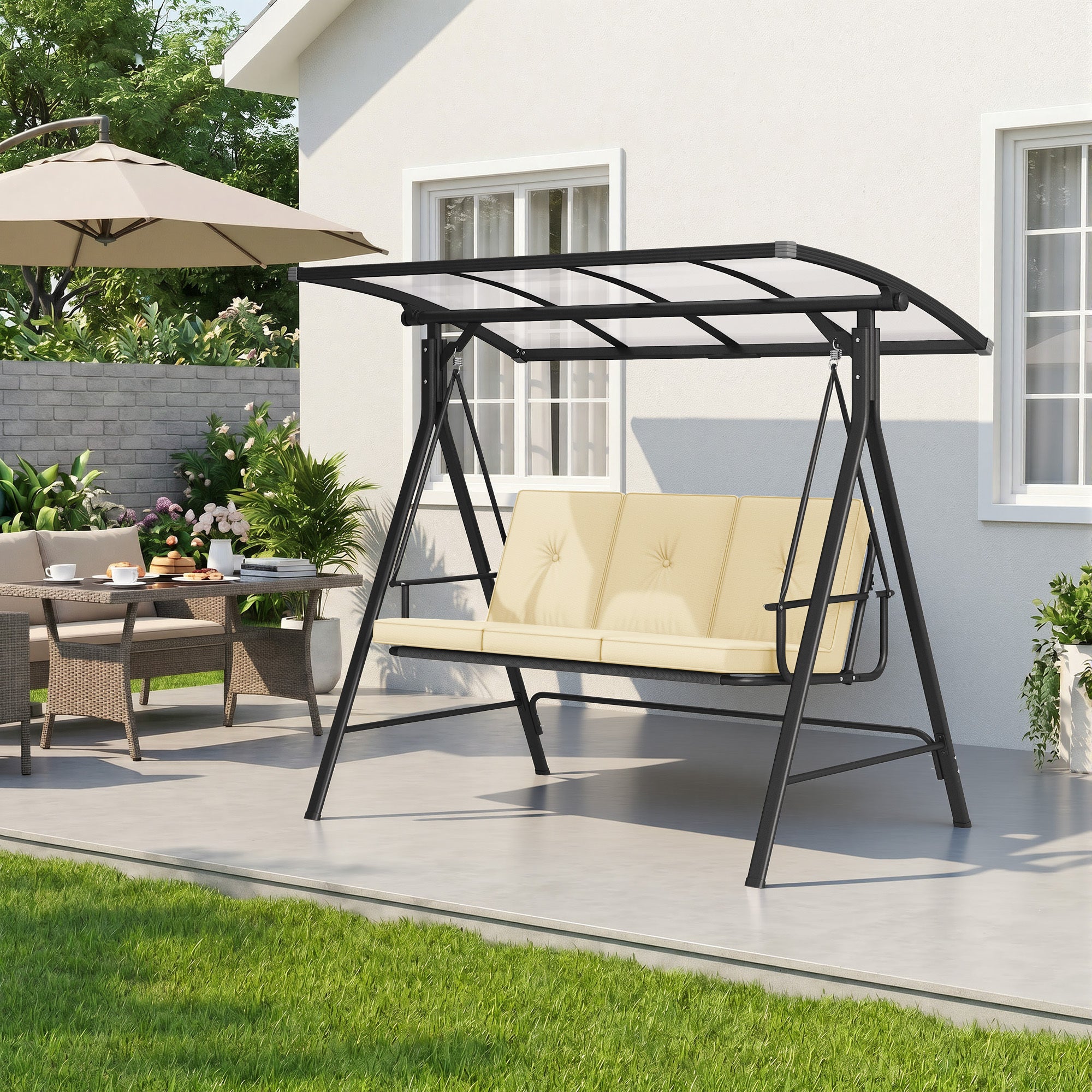 Balancelle de jardin 3 places avec toit transparent,structure métallique noire avec coussins beige - 2