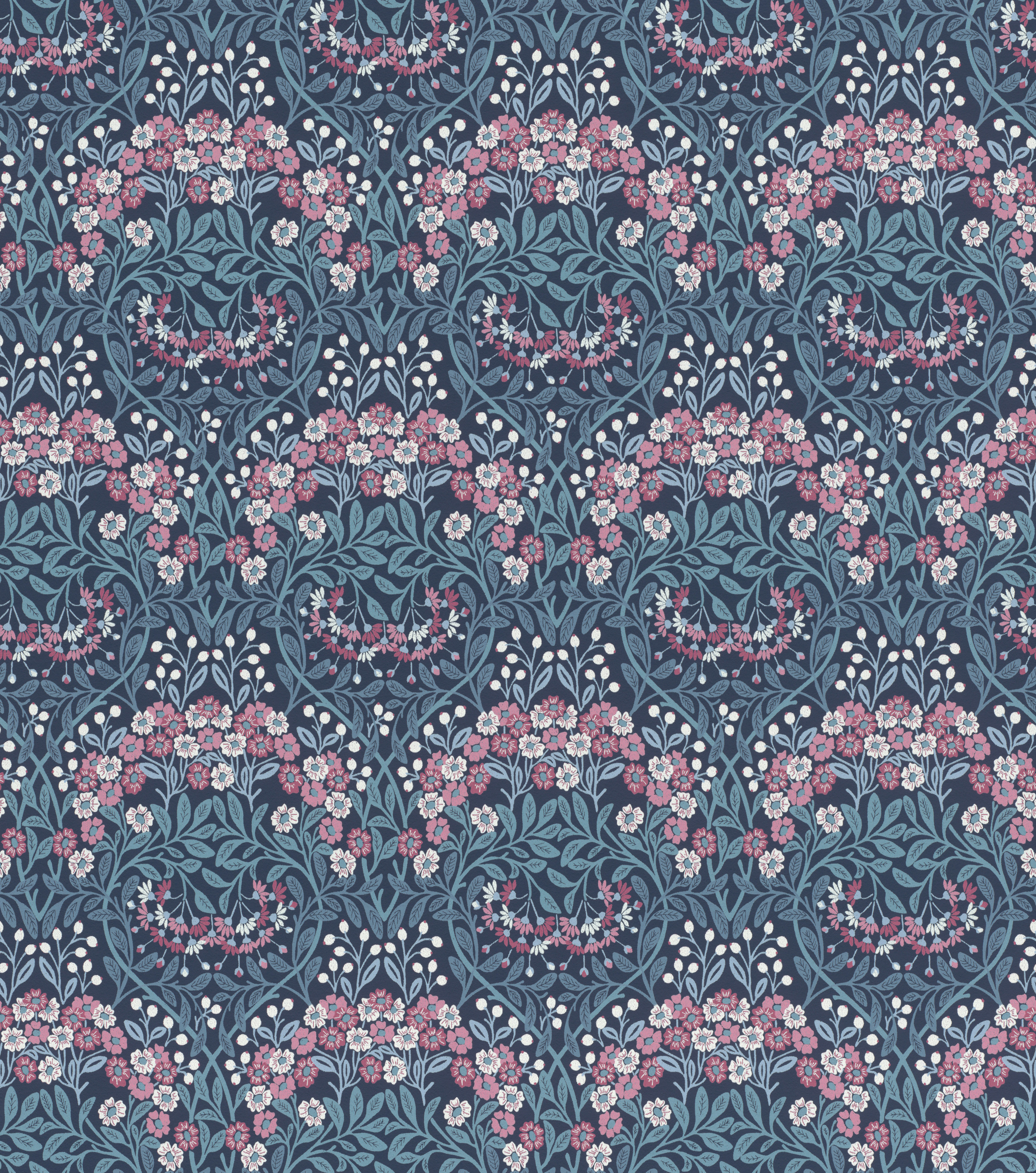 Papel pintado rasch 710038 - papel pintado tejido-no tejido azul oscuro con hojas en azul claro y flores en rosa y blanco de la colección sophia