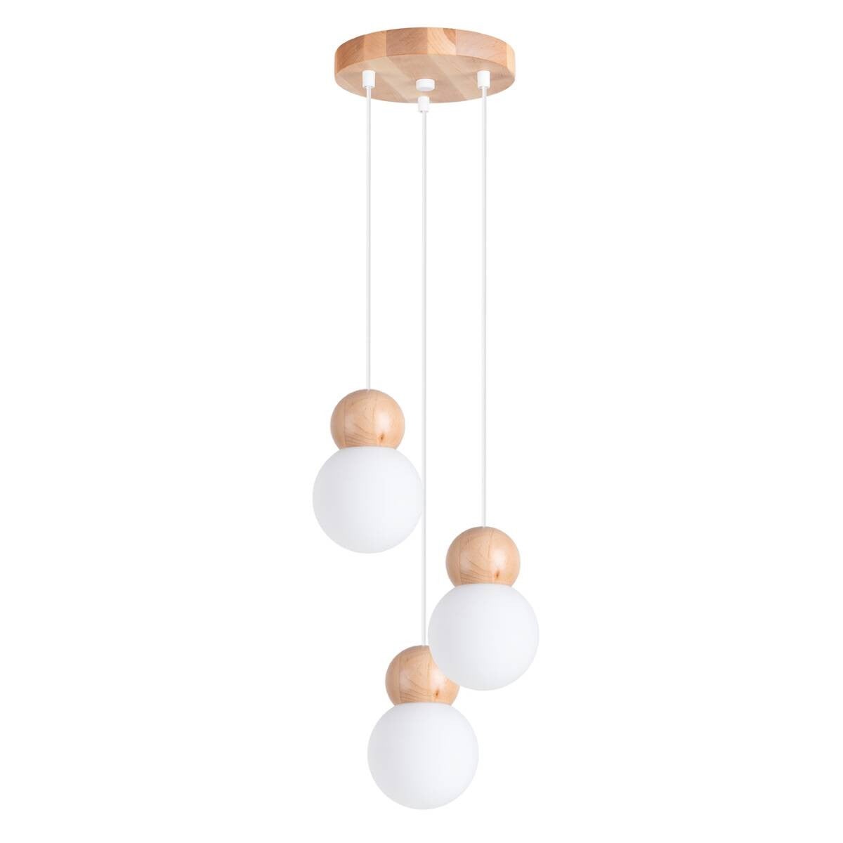 Lampa wisząca Pekka białe klosze i naturalne drewno 3xG9x8W szklane kule wym: 124 x 31 x 31 cm szkło Sollux Lighting