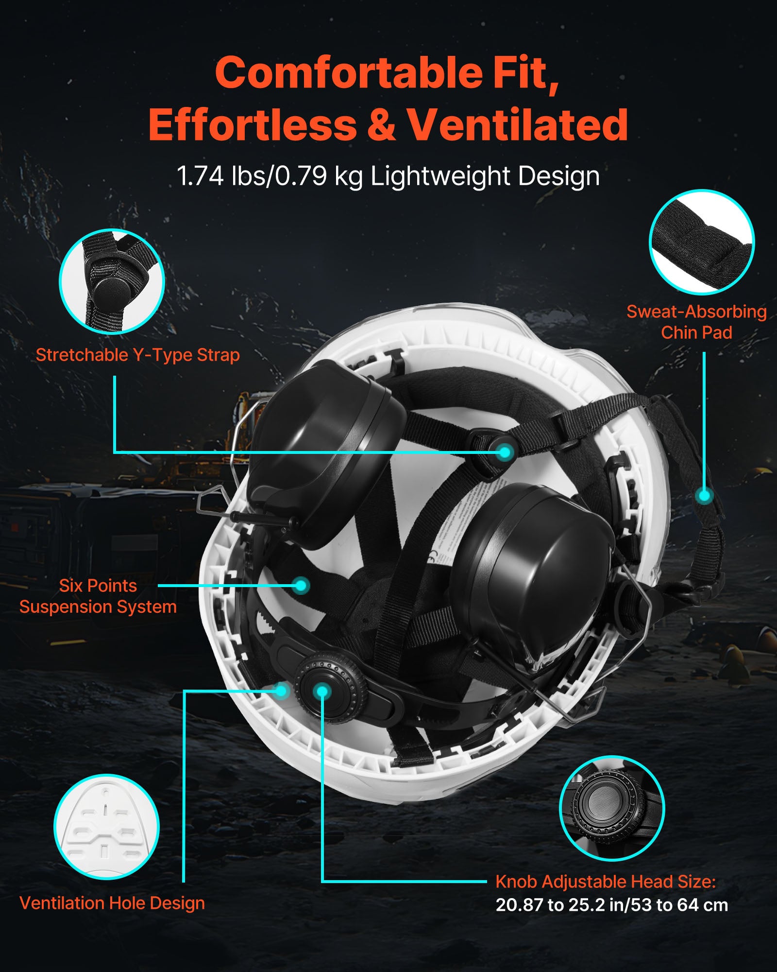 Casque de Sécurité Industriel VEVOR ABS Certifié ANSI/ISEA Z89.1 avec Visière, Cache-Oreilles et Suspension à Cliquet 6 Points Ajustable et Ventilée - 4