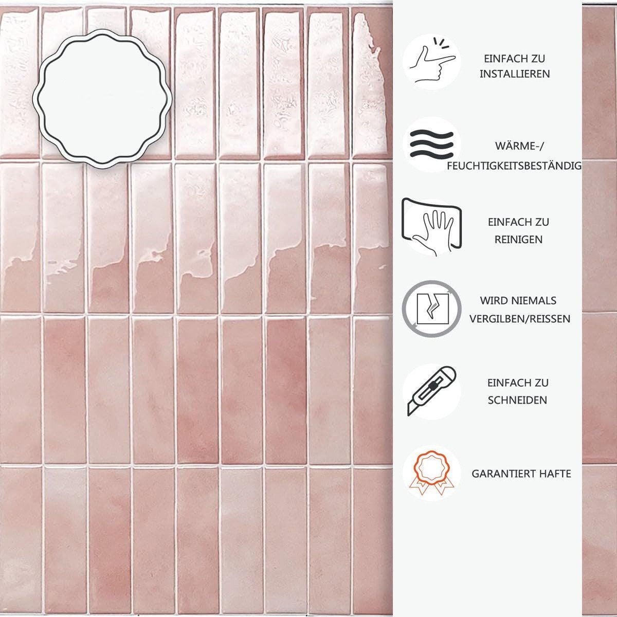 Lot de 10 crédences adhésives pour cuisine, salle de bain, carrelage mural, rose - 3