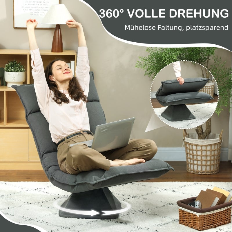 Cadeira de chão giratória 360° com encosto ajustável em 5 posições, sofá de chão dobrável, cadeira para meditação, jogos e leitura, cinza escuro - 3