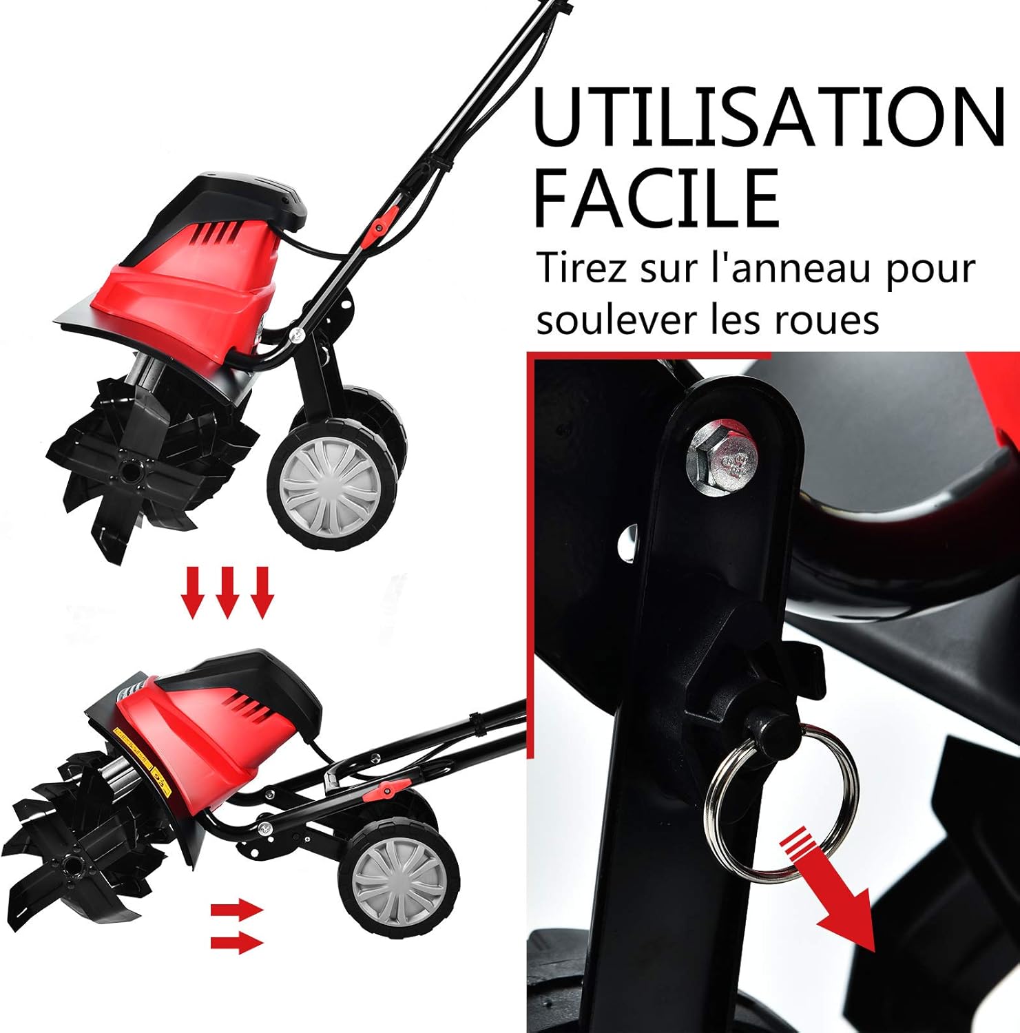 Zappatrice Elettrica Dissodatore Coltivatore per Giardino, Motozappa 230V, Rosso Nero (1500W, 45cm) - 5