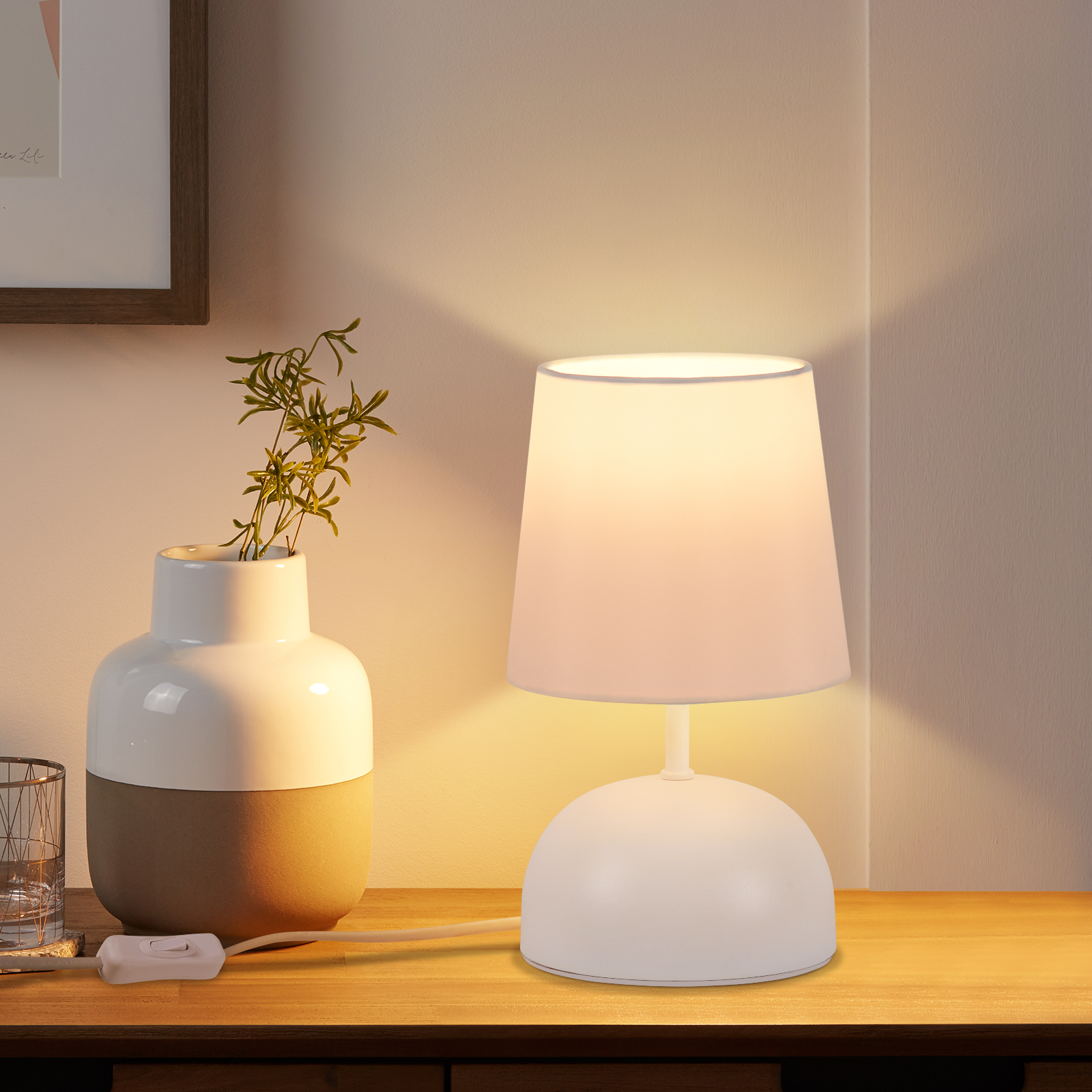 NETTLIFE Lampada da Comodino Set di 2 Lampade da Tavolo con Cavo Lampada da Notte in Tessuto Bianco Design Moderno per Camera da Letto - 5