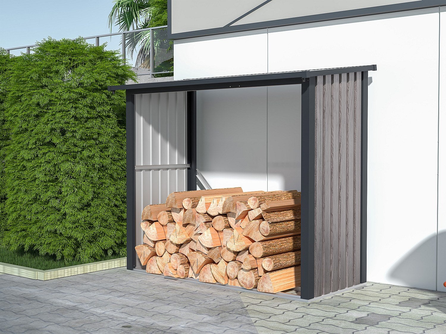 Wiata na drewno opałowe metalowa ze stali galwanizowanej drewnopodobna 1,98 m3 – 2 stery drewna – 182 × 89 × 156 cm (dł. × szer. × wys.) – BIRWOOD
