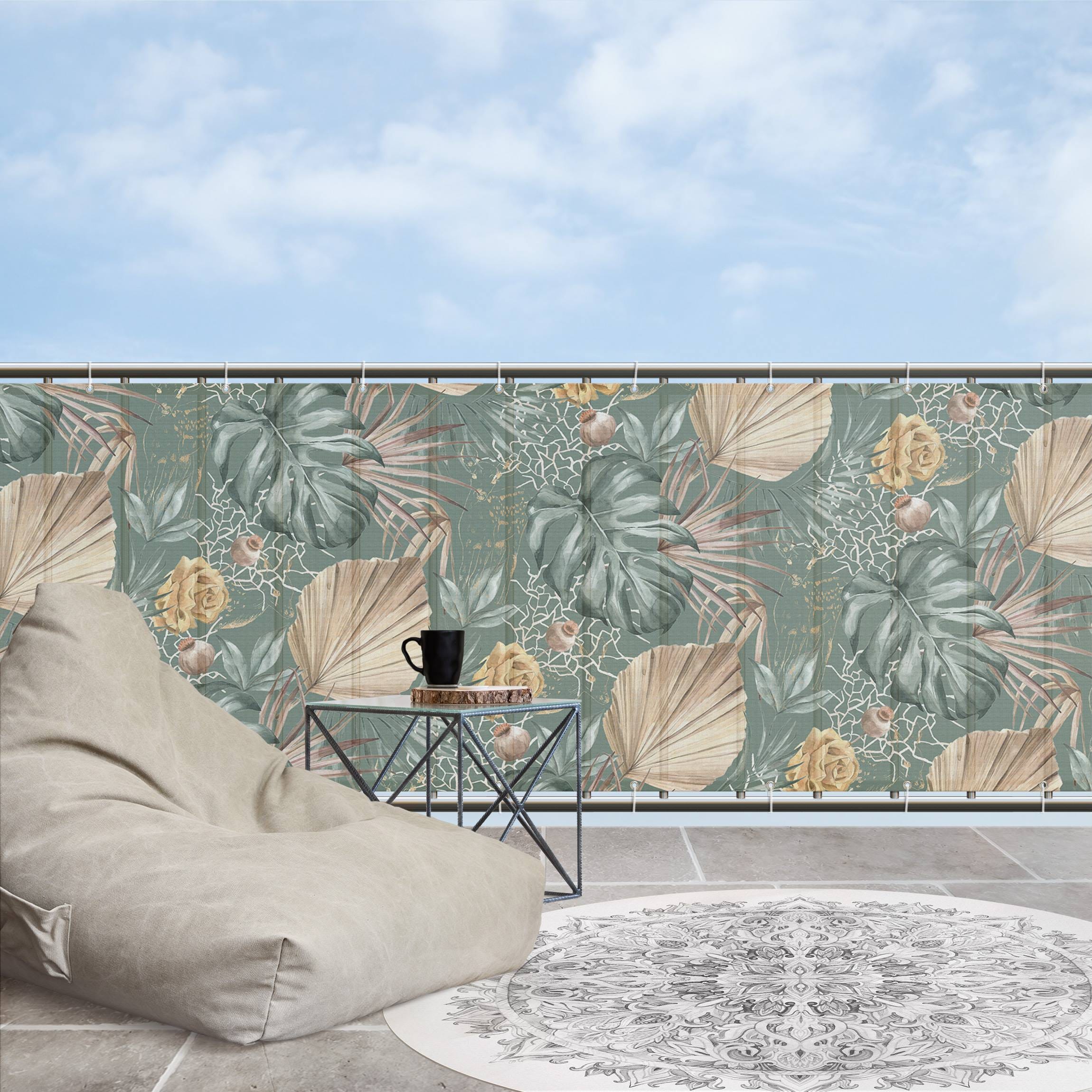 Paravento Frangivista Per Balcone E Giardino – 180x178 Cm, Motivo Fiori Verdi, Telaio In Acciaio, Divisorio Da Esterno