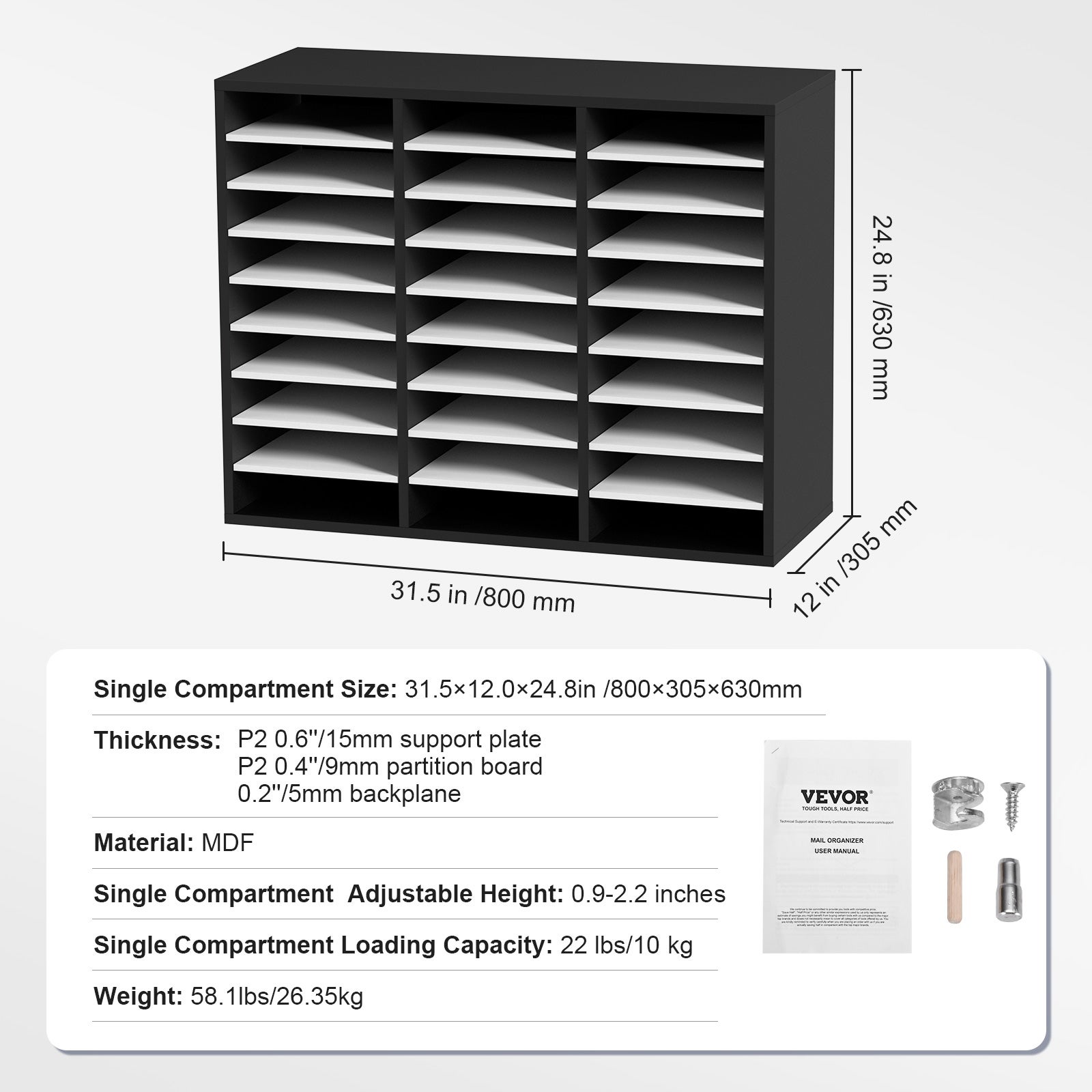 Organisateur Bureau VEVOR 80x30,5x63 cm,Trieur 27 Compartiments,Meuble MDF,Étagères Amovibles,Classeur Papiers Bureau École,Noir et Blanc - 7