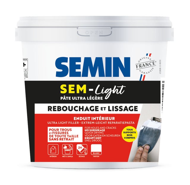 Enduit de Rebouchage Allégé pour Trous et Fissures Importants, Sem-Light Semin, Intérieur, Seau de 10 L
