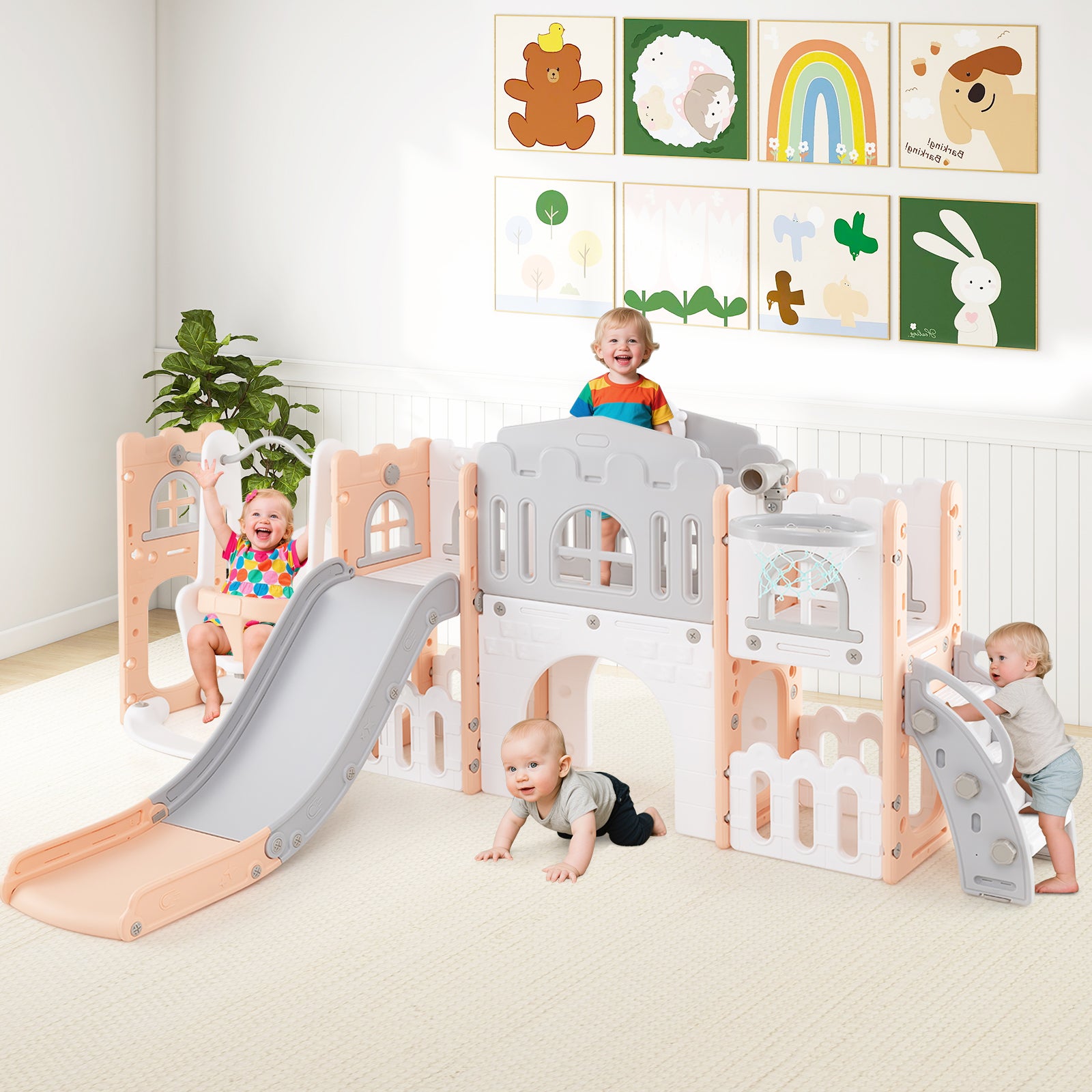 AIYAPLAY Scivolo Per Bambini 5 In 1 Con Canestro Da Basket Telescopio Scaletta E Cesto Inferiore Per Interni Bianco E~21ue170na2g01