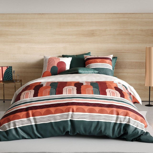 Parure housse de couette 240x220cm + 2 taies motif rétro terracotta et vert 100% coton - OLGA