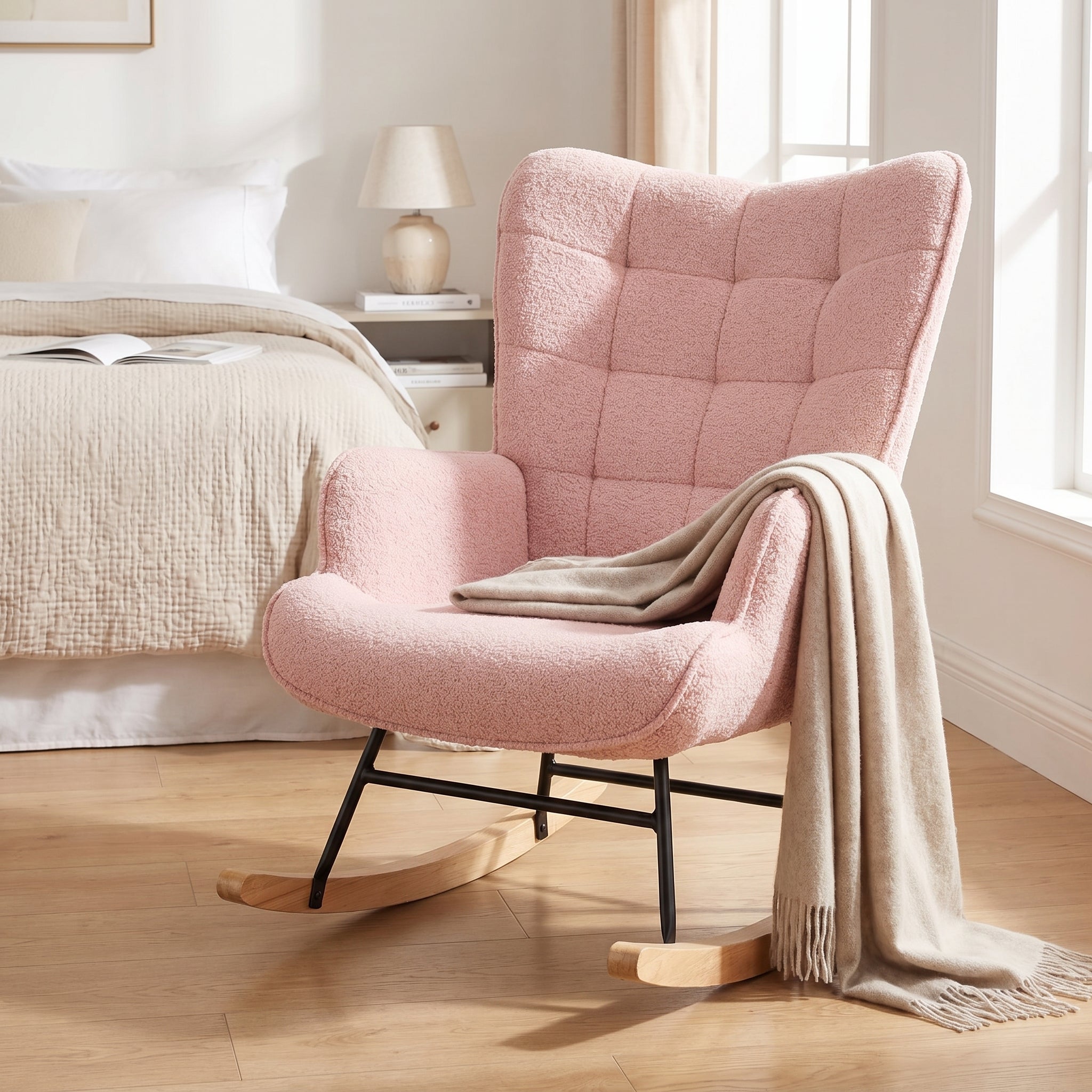 Fauteuil à Bascule, Rocking Chair d'Allaitement - Structure en métal et pieds bois massif, Maximale : 150 kg, Tissu Peluche Teddy, Rose, 75x68x92 cm - 9
