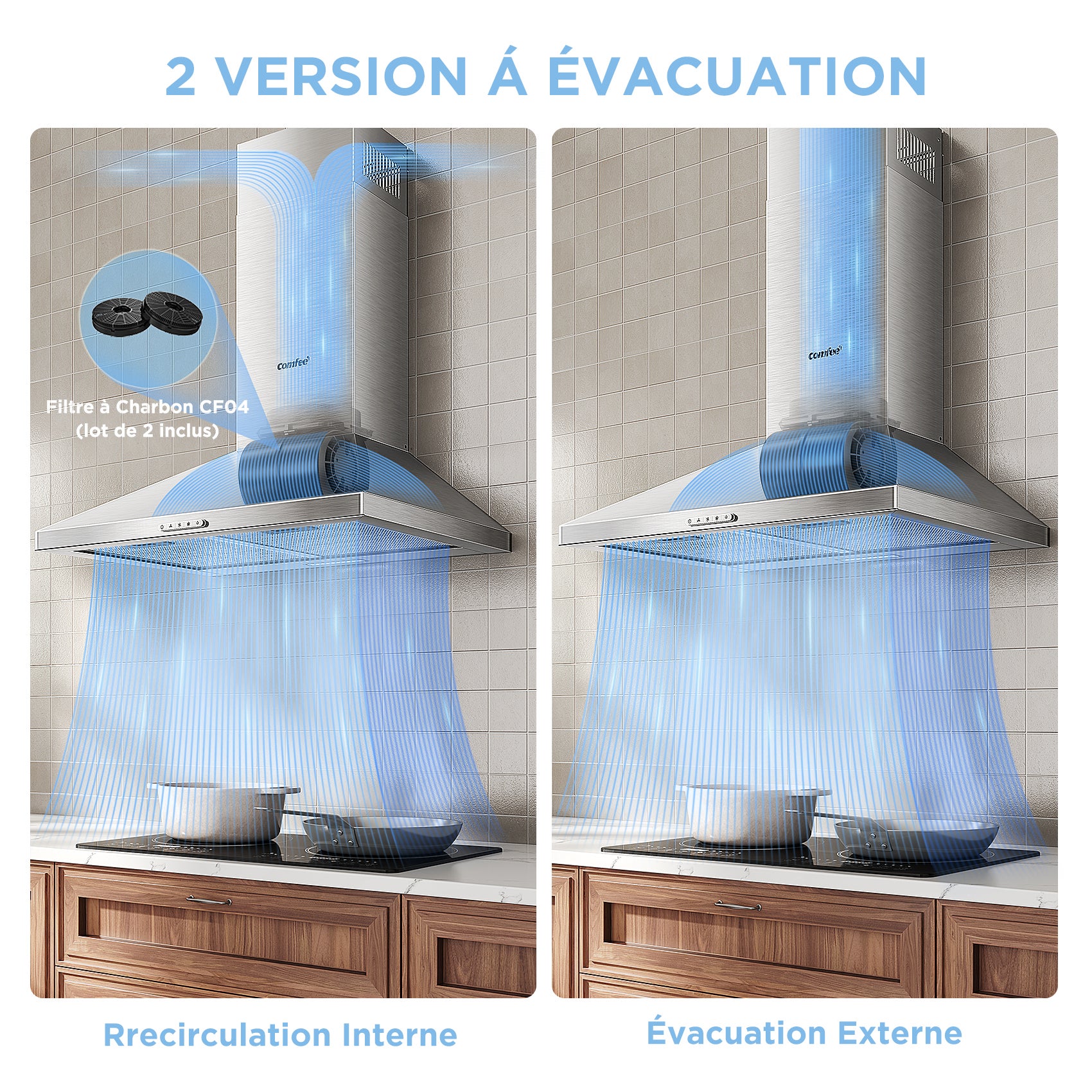 COMFEE Hotte Aspirante 60cm - 400 m³/h - Classe A++ - 2 Filtres à Charbon - 3 Vitesses - Recyclage & Évacuation - En Inox - 4