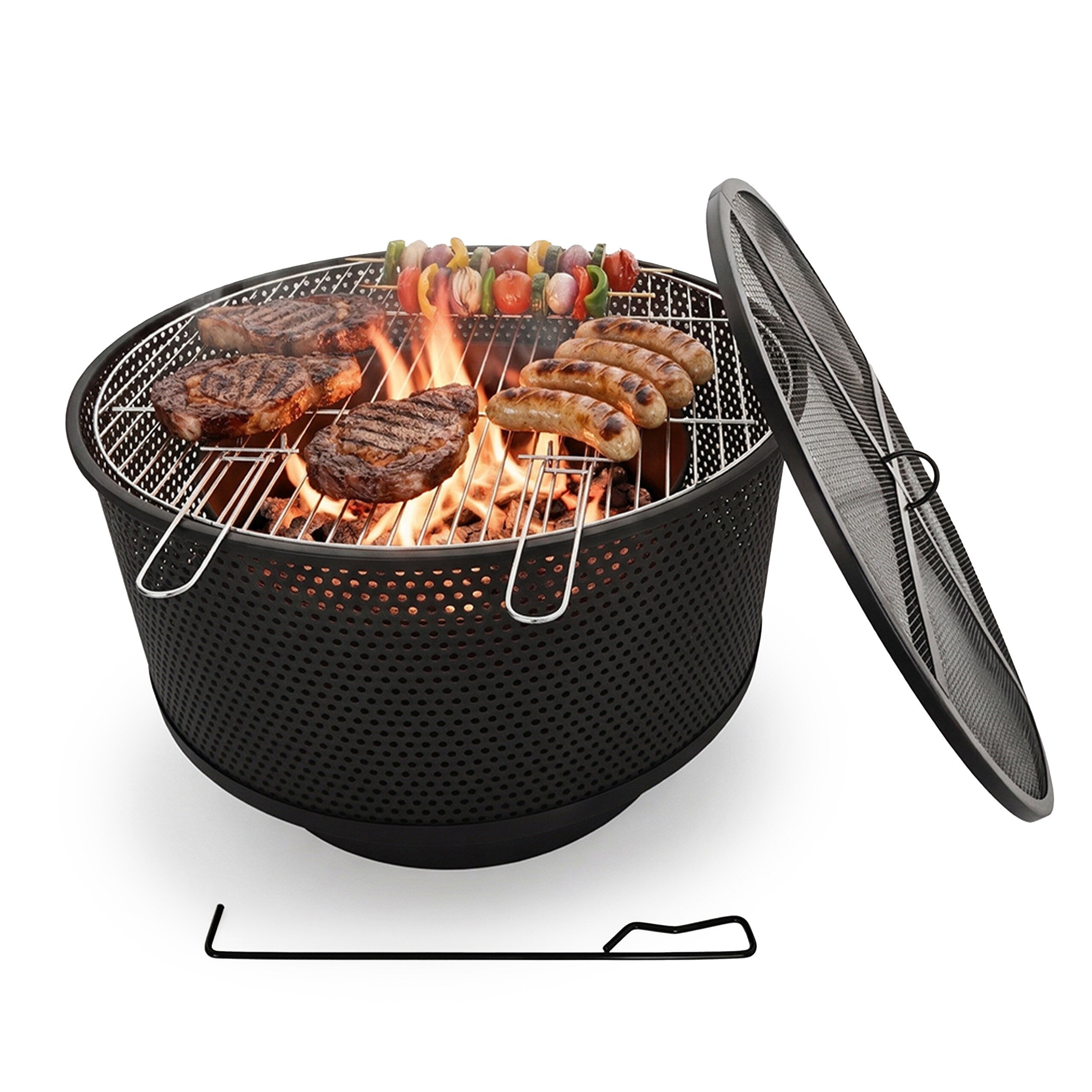 Brasero para jardín ø61 cm, 3 en 1 con parrilla, protector contra chispas y atizador, cesta para fuego, negro, relaxdays
