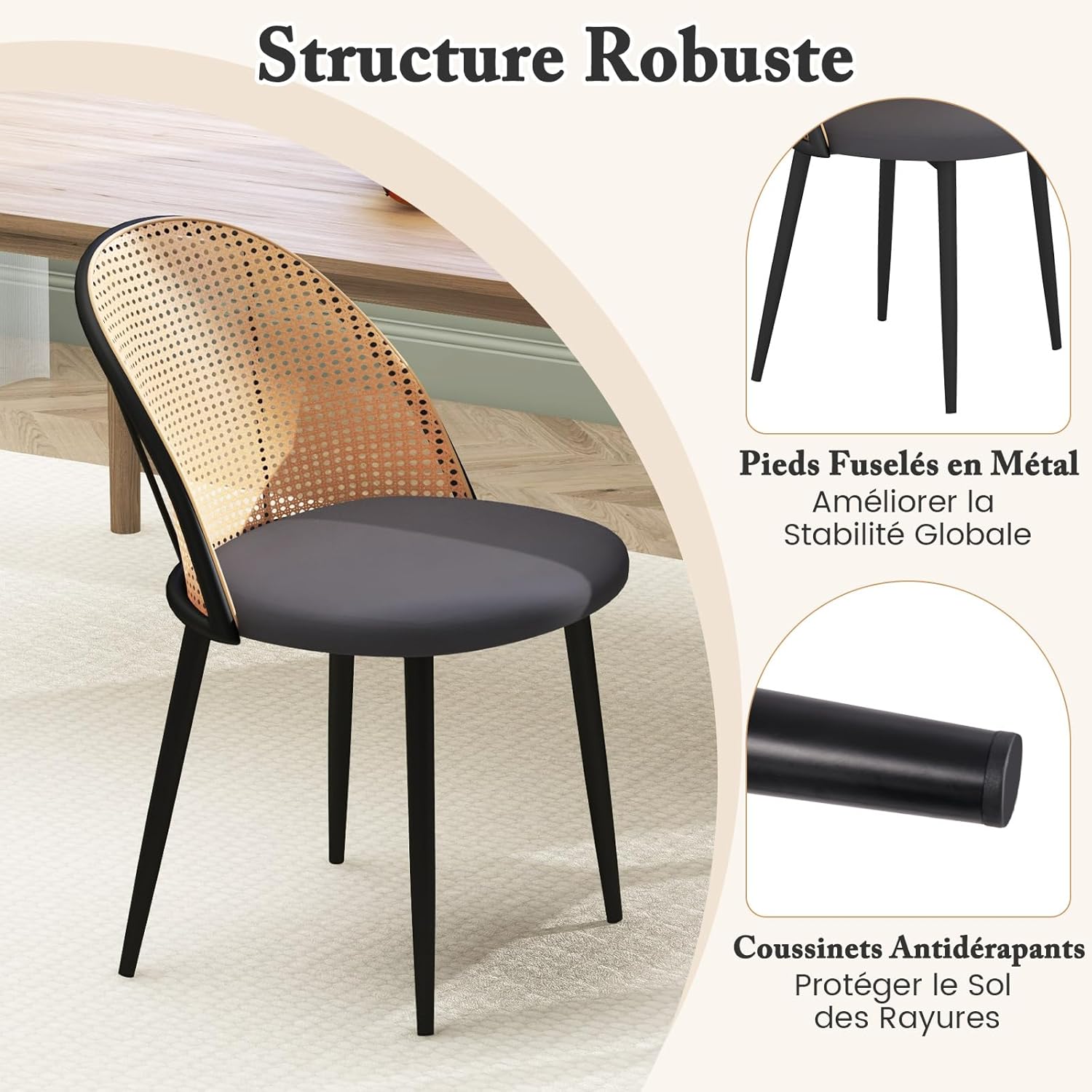 Lot de 2 Chaises de Salle à Manger, Chaise Cannage sans Accoudoirs, Siège Rembourré, Pieds Fuselés en Métal, Hauteur d’Assise 46 cm, Chaise - 6