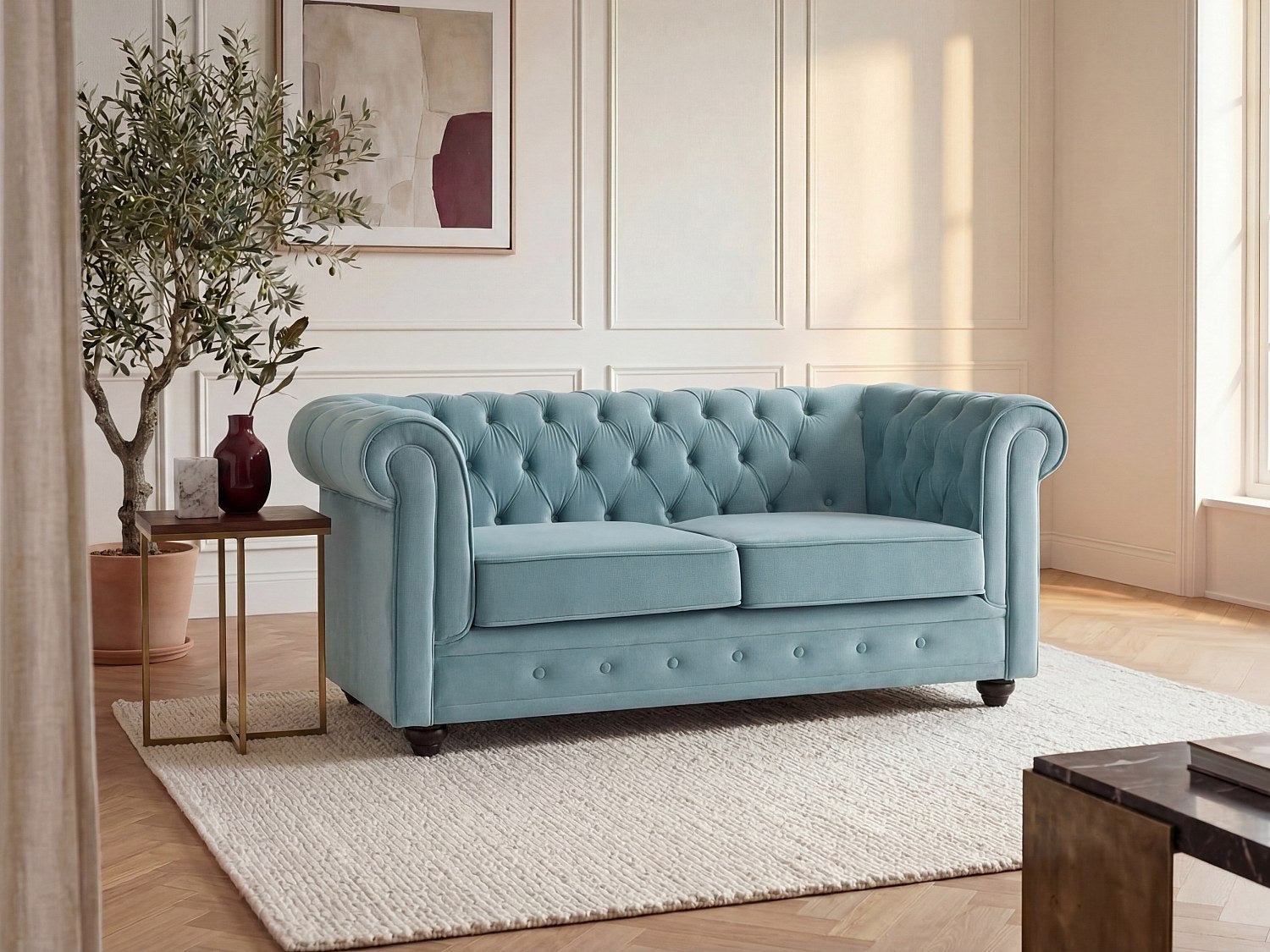 Kanapa 2-osobowa z weluru w kolorze pastelowy niebieski CHESTERFIELD
