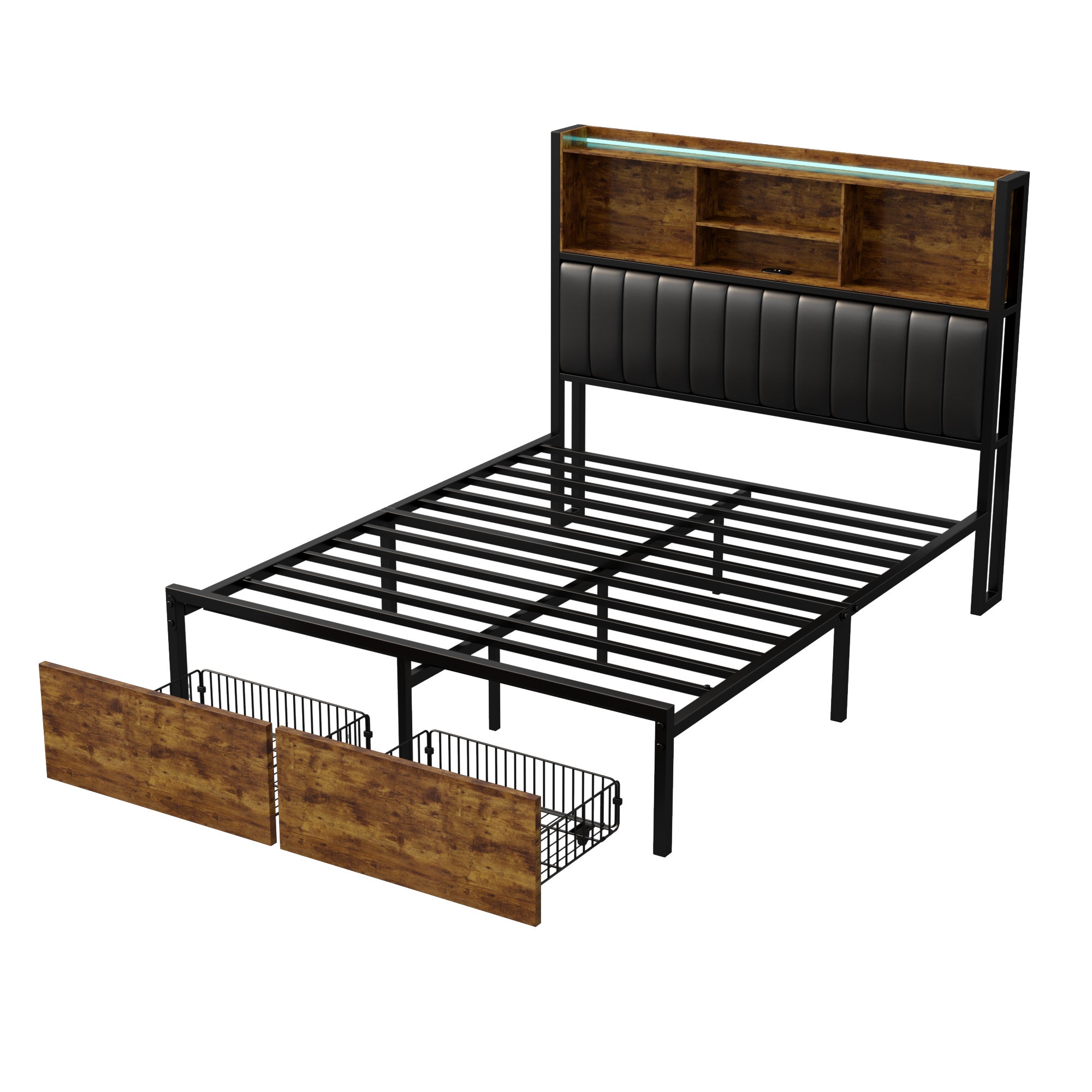 Lit double 160x200 cm avec LED, cadre métal, 2 tiroirs, tête avec rangement, sommier lattes - 9