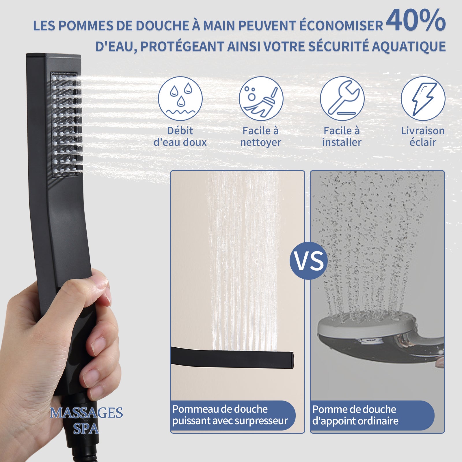 Mitigeur de Baignoire Cascade Noir Mat, Robinet Mural en Laiton avec Large Sortie d’Eau, Douchette à Main & Flexible, Design Moderne - 5