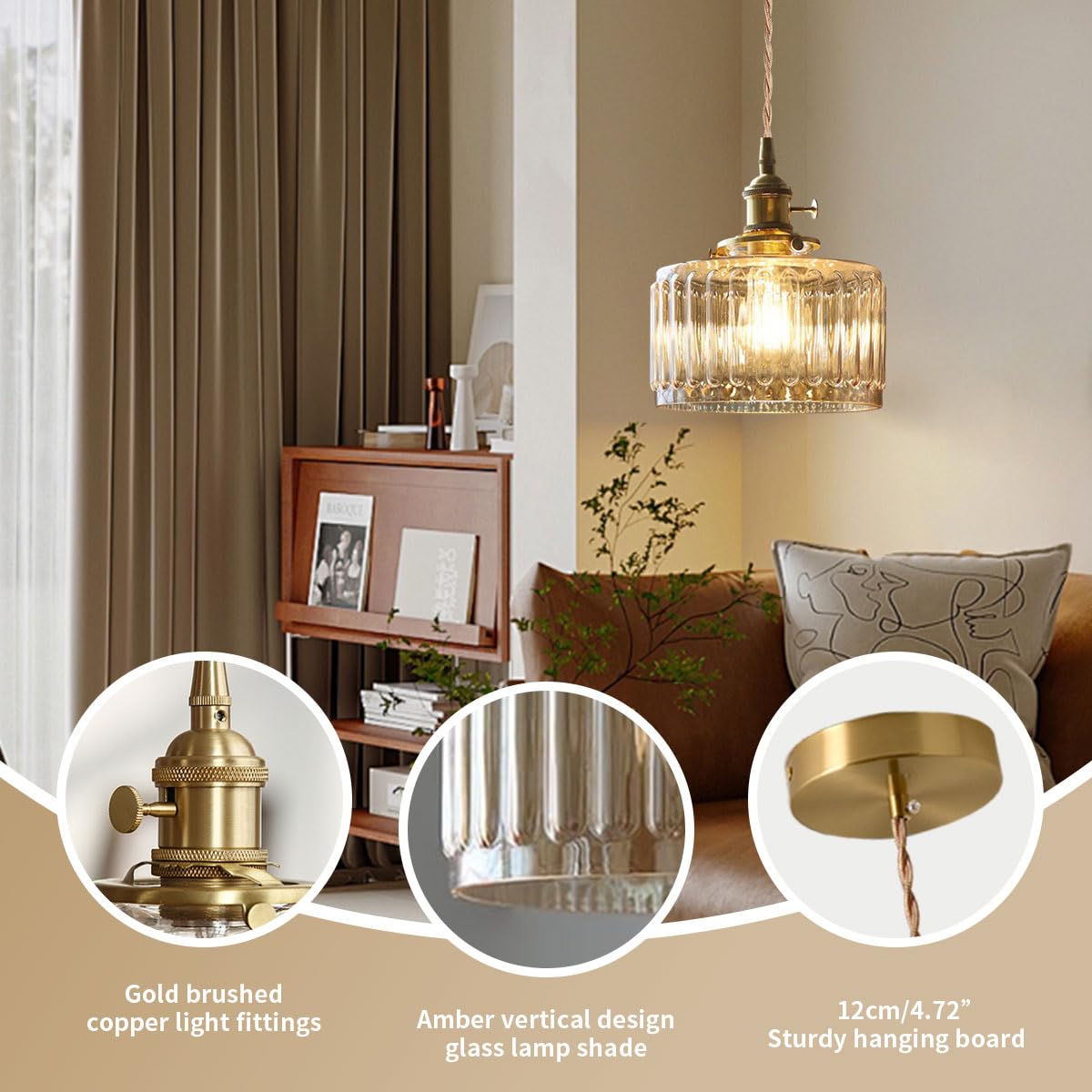 Żyrandole LED ze szklanymi kloszami – mosiądz i prążkowane szkło, Ø 17 cm, bursztynowy, eleganckie oświetlenie do nowoczesnych wnętrz - 3